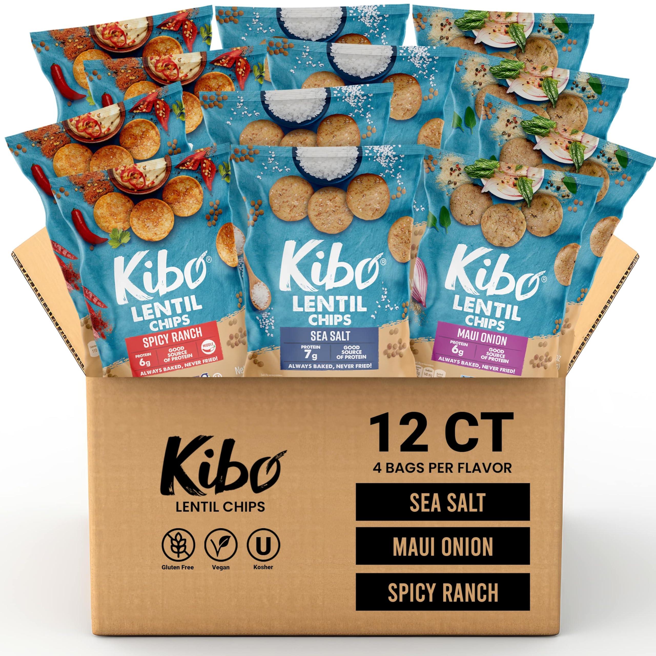Kibo Lentil Chips Variety Pack - Gluten-Free, Vegan, Non-GMO, Plant-Based - Maui Onion, Sea Salt, Spicy Ranch, Made with Real Veggies - 28g, 12 Pack