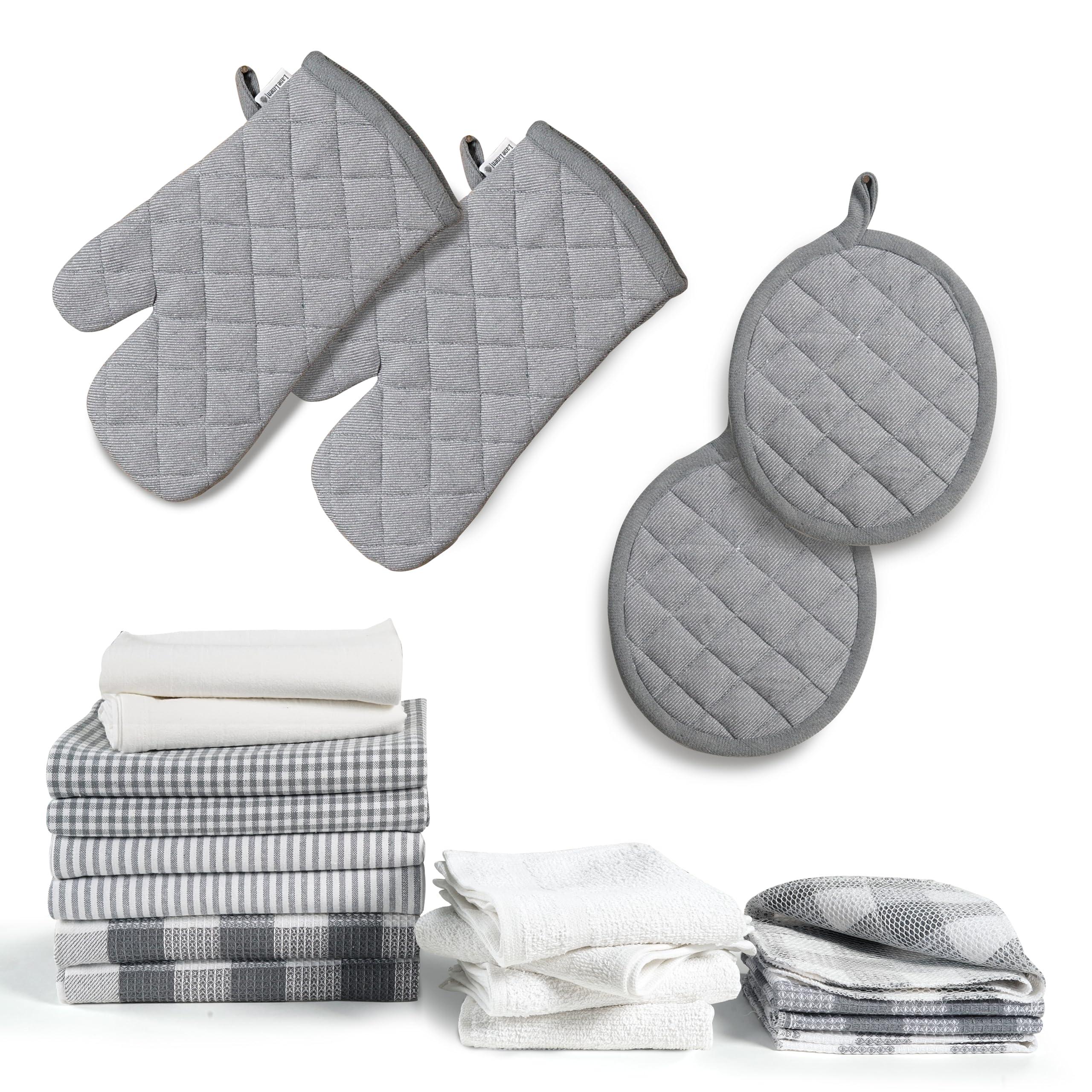 LANE LINEN Kitchen Towels and Dishcloths Sets - 20 Pc Kitchen Essentials for New Home, Heat Resistant Oven Mitts & Pot Holder, Absorbent Flour Sack Dish Towels- Grey - Image 3