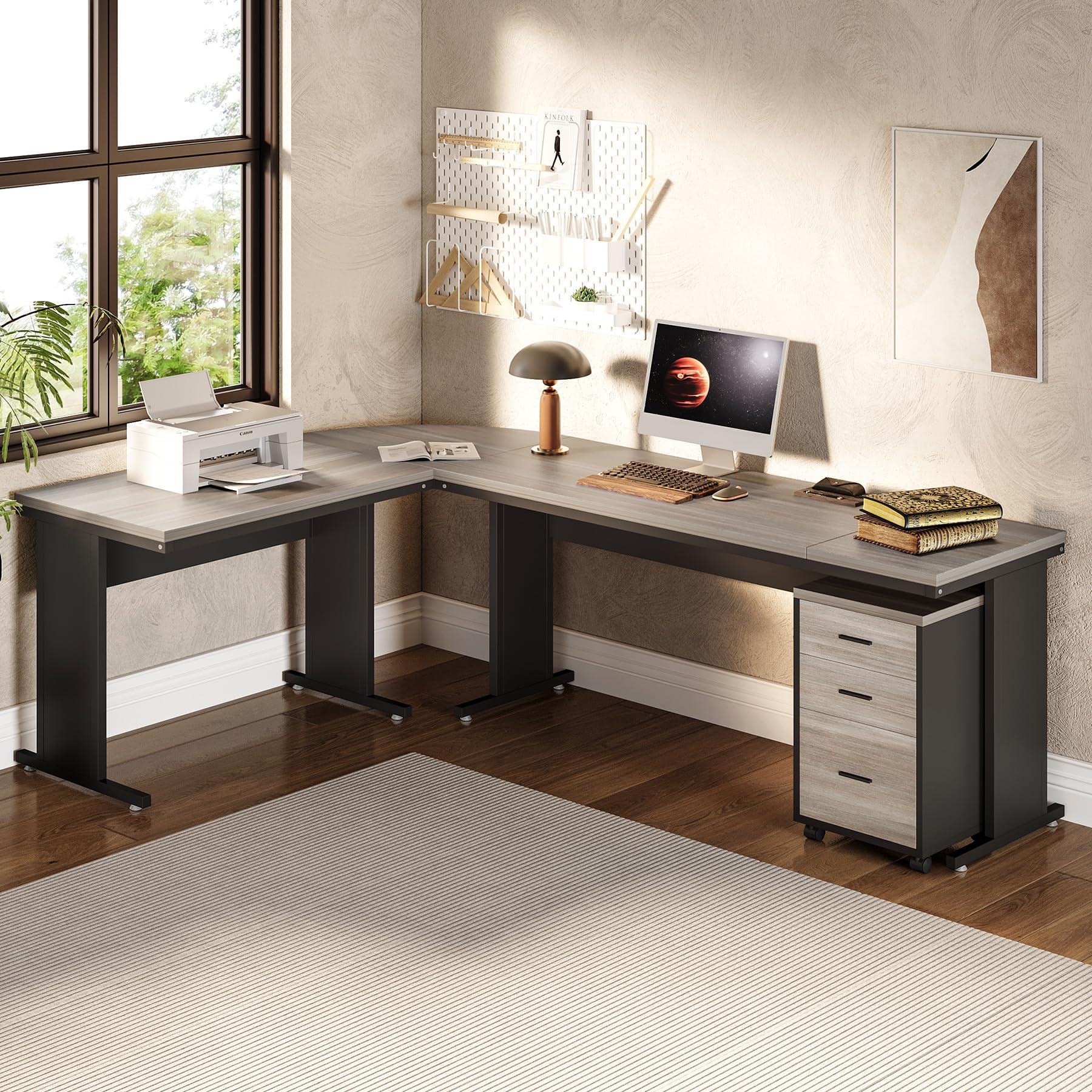 LITTLE TREE 82.67" Long Executive Desk with Drawers, Large L-Shaped Office Desk with Mobile File Cabinet, Farmhouse Computer Office Furniture Work Desk with Storage for Home Office, Gray - Image 5
