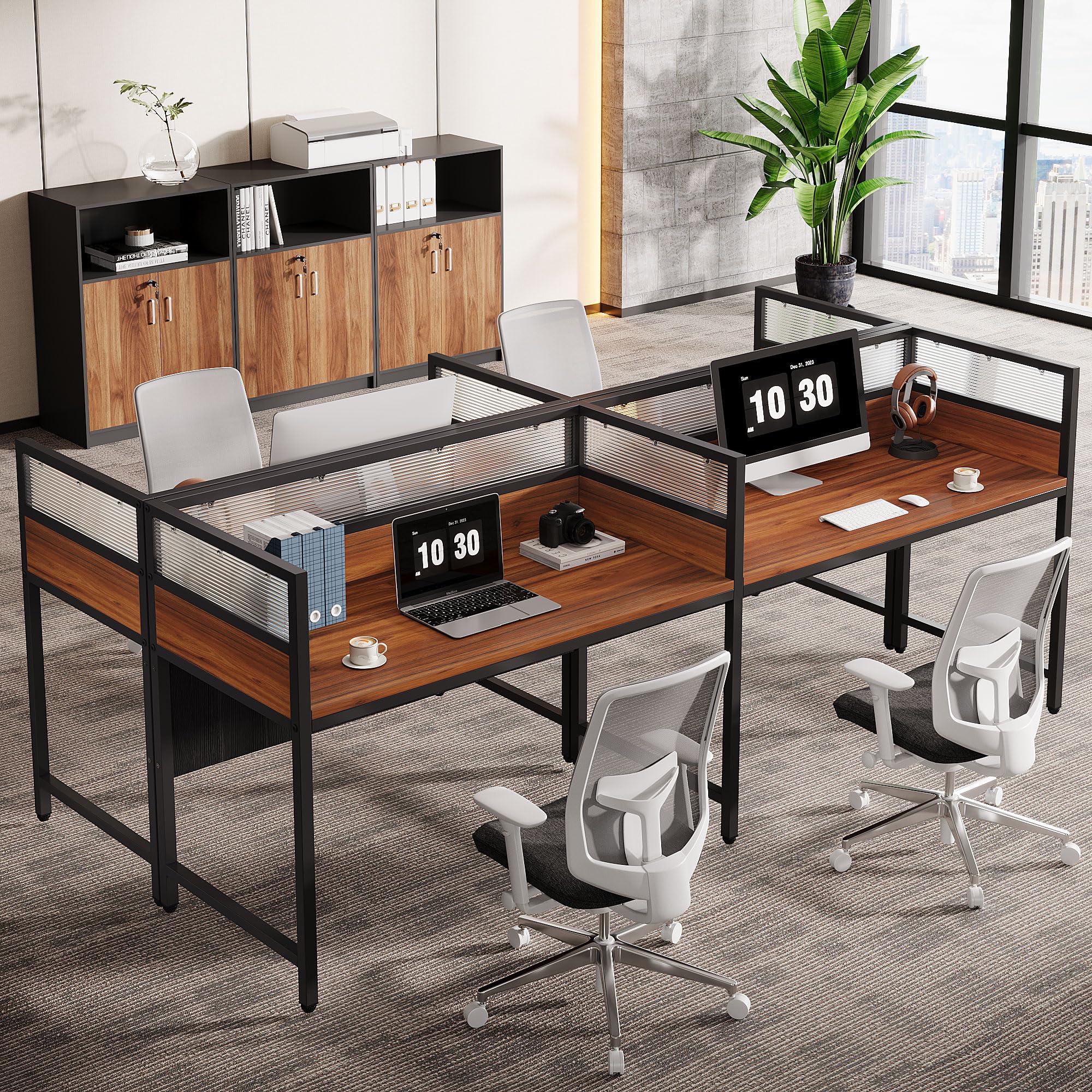 Tribesigns 94.48" Two-Person Office Desk with Privacy Panel, Long Computer Double Desk for 2 People, Modular Workstation Table with Wire Grommet for Office, Brown & Black - Image 4