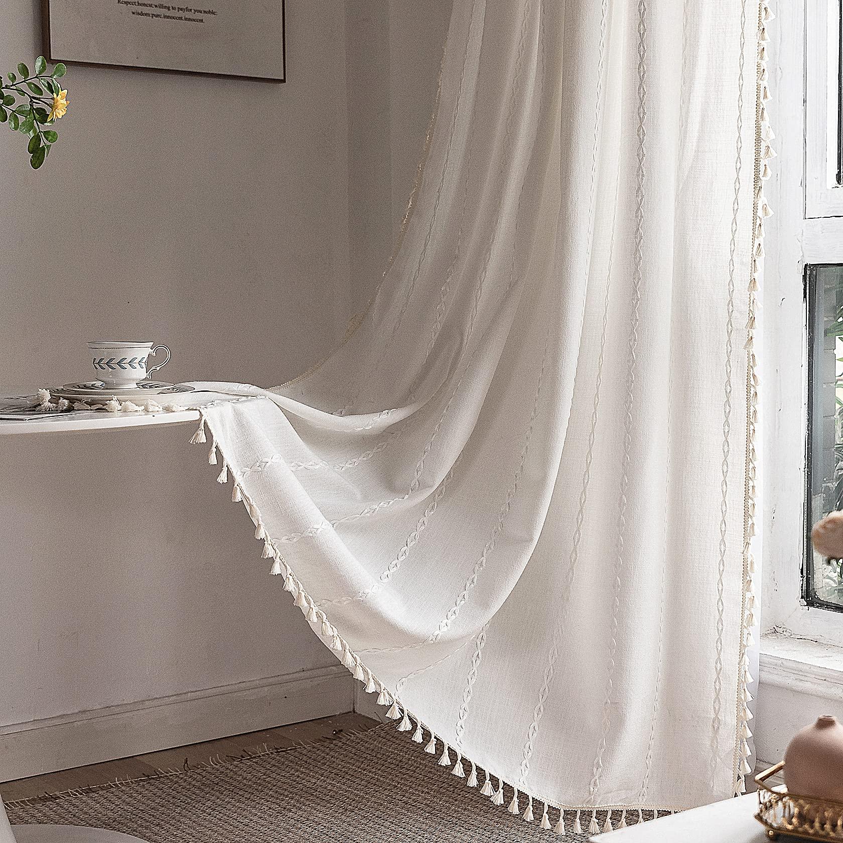 Deeprove White Boho Curtains 84 Inches Long for Bedroom Living Room, Cream Chic Linen Cotton Embroidered Semi Blackout Bohemian Farmhouse Window Treatment Drape Vintage Tassels, 1 Panel W52 x L84 - Image 2