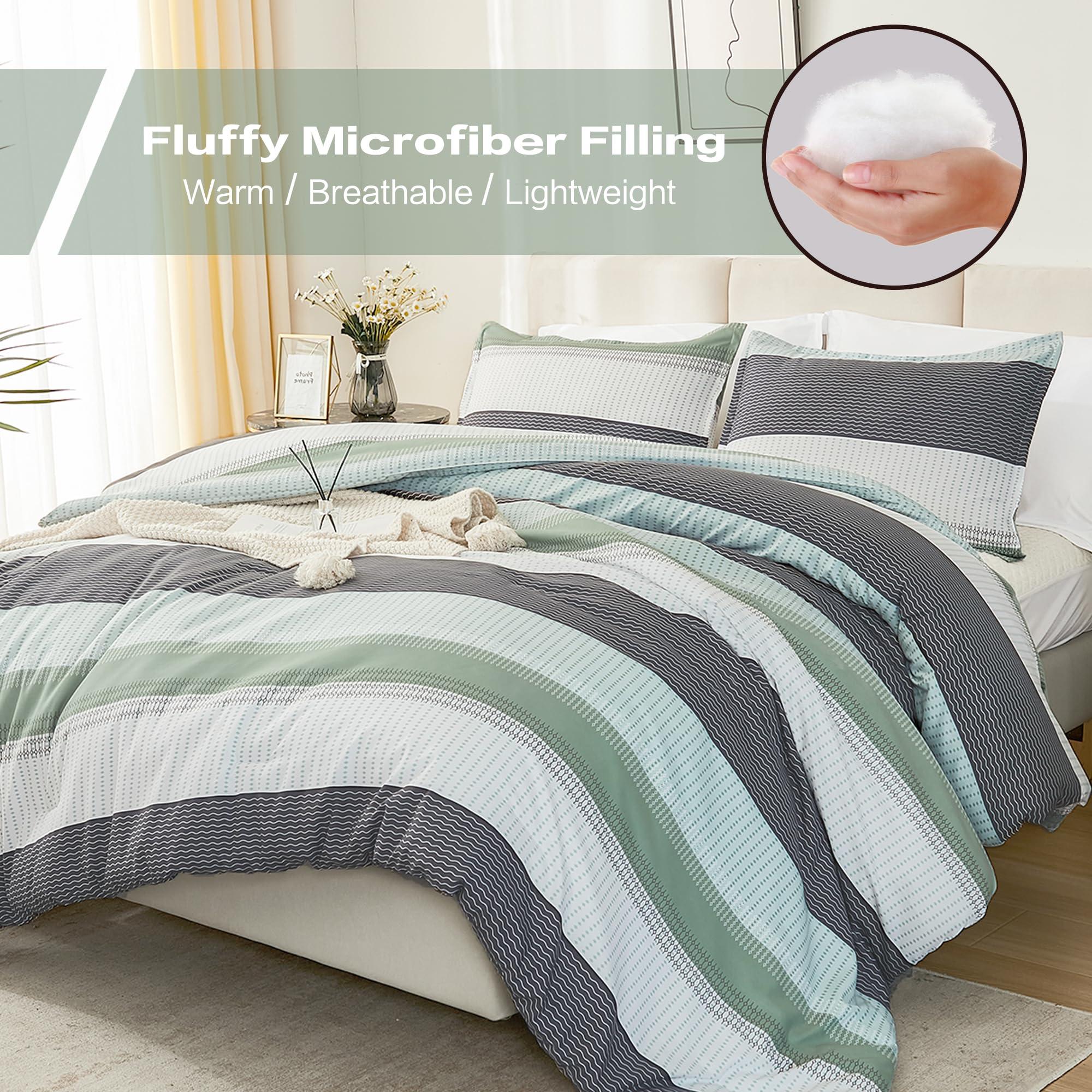 Litanika Queen Comforter Set Sage Green - 3 Pieces Lightweight Quilt Bedding Comforter Sets, Light Green White Colorblock Stripe Fluffy Bed Set, All Season Down Alternative - Image 2