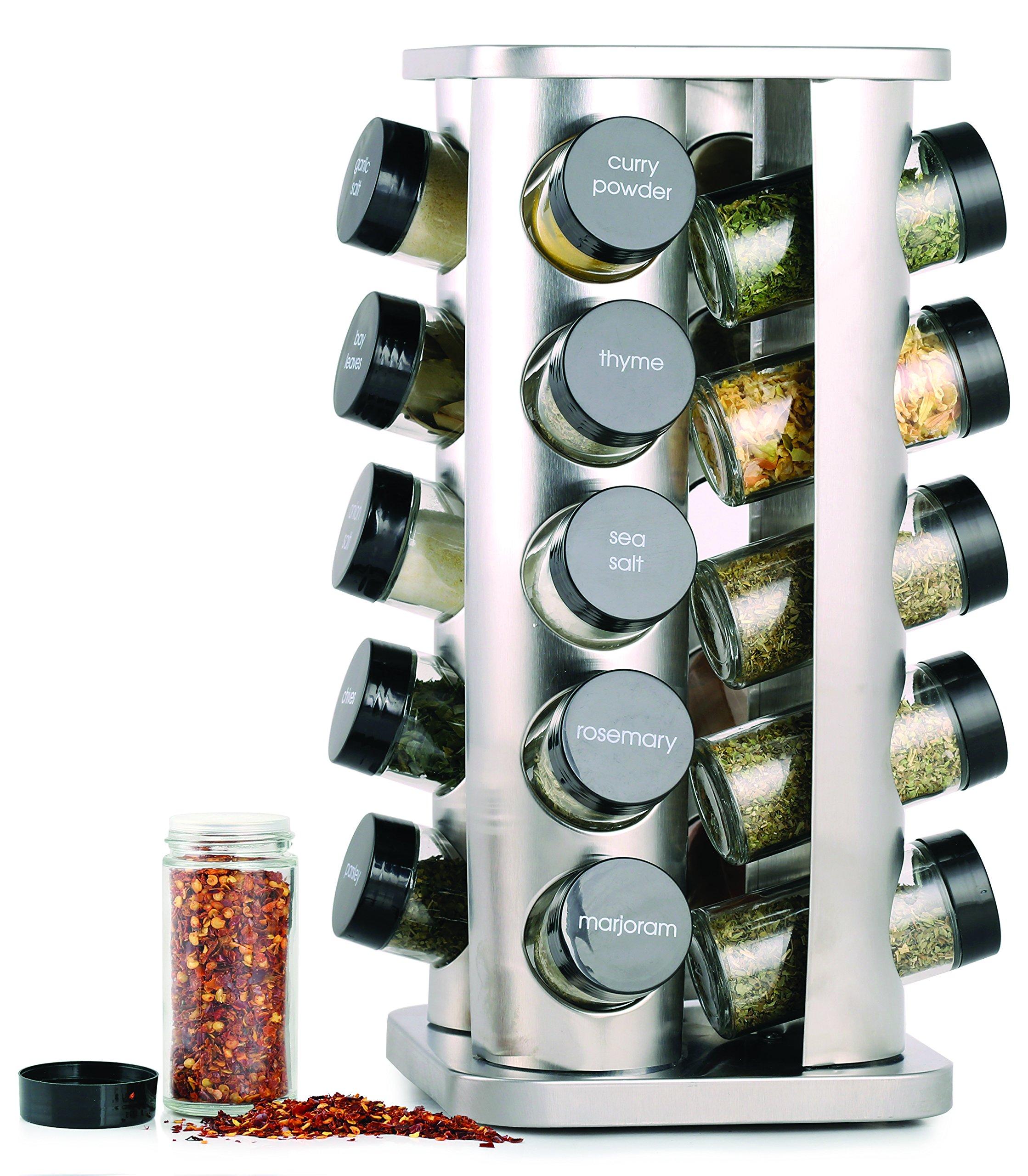 Orii 20 Jar Spice Rack with Spices Included - Revolving Tower Organizer for Kitchen Spices and Seasonings, (Stainless Steel)