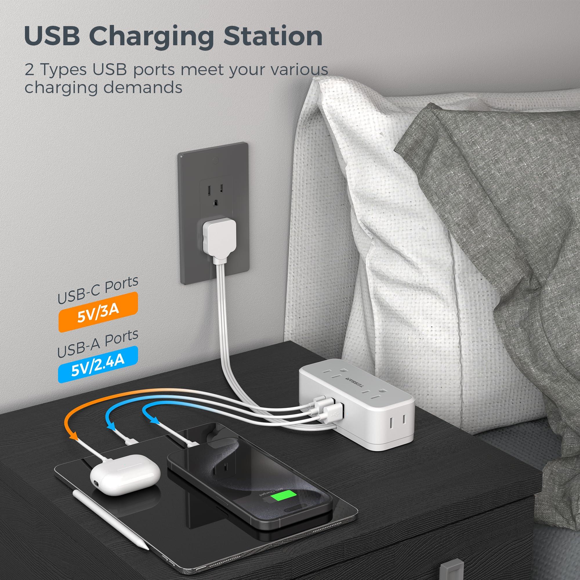 Multi Plug Wall Outlet Extender, TESSAN Short Extension Cord 6 inch, Flat Plug Splitter with 4 AC 3 USB (1 USB C) Charging Ports, Multiple Outlet Small Power Strip for Home Office Dorm Room - Image 5