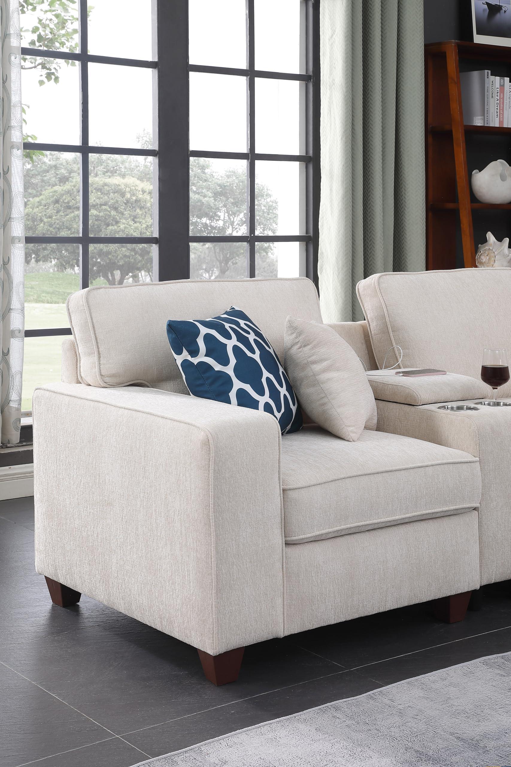 YOPTO 127" L-Shaped Sectional Couch with Movable Ottoman & 6 Throw Pillows,7 Seat Chenille Upholstered Sofa W/2 Cup Holder,USB Port & Hidden Storage Box,DIY Combination,for Living Room,Apartment,Beige - Image 6