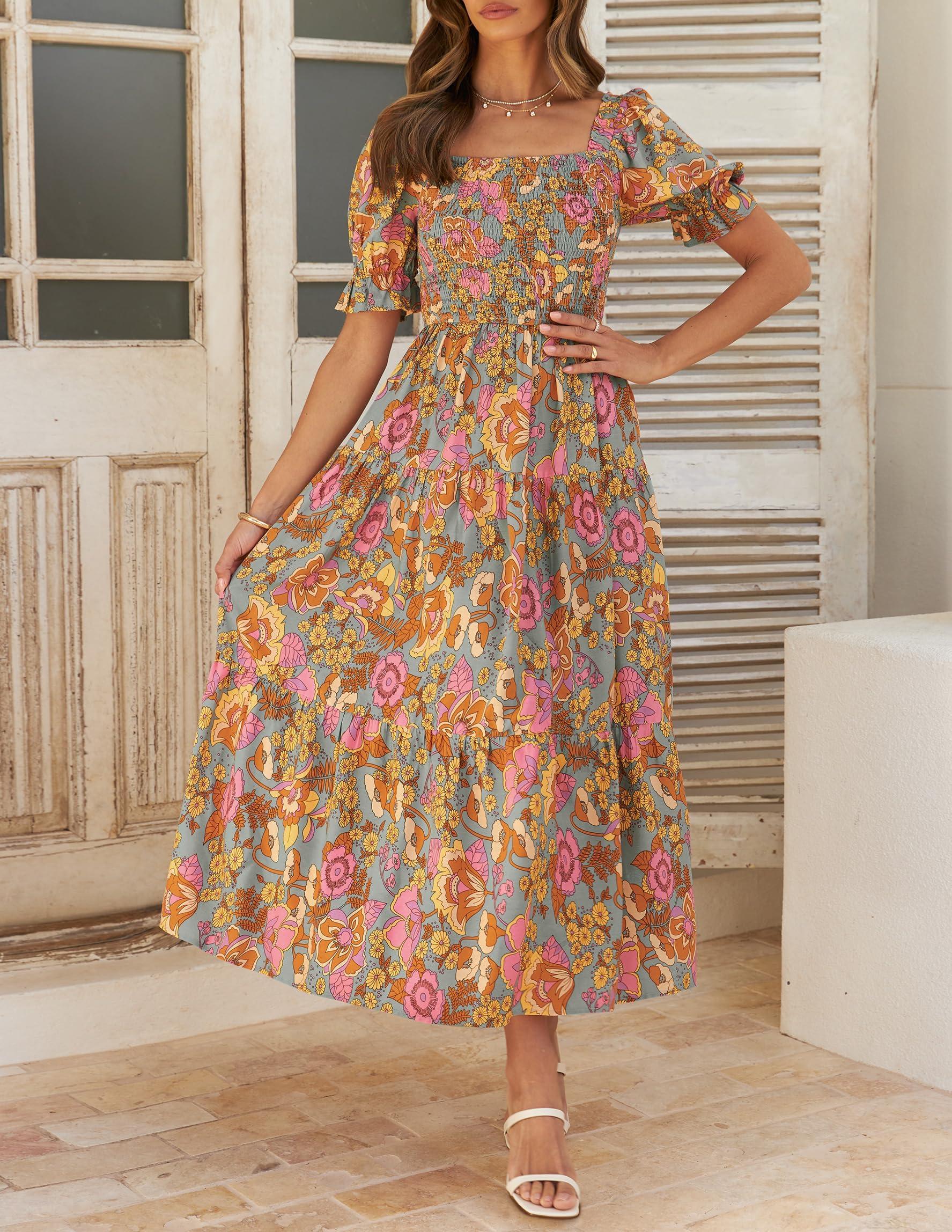 ZESICA Women's 2025 Summer Boho Floral Print Square Neck Ruffle Swing Beach Long Maxi Dress - Image 2
