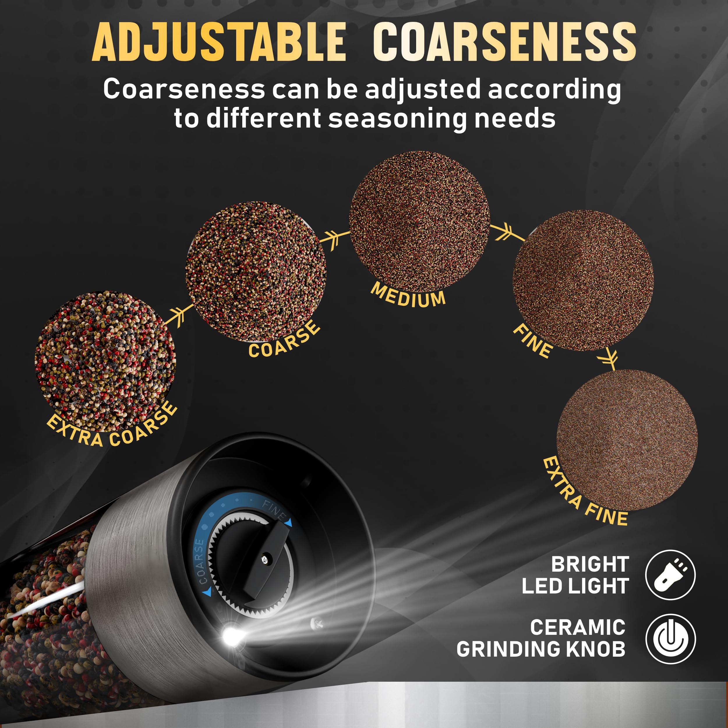 Pure Nature Salt and Pepper Grinder Set with rechargeable base. Premium Stainless Steel up-graded larger capacity with LED Lights, 5 Adjustable Coarseness, Refillable, Type-C Fast Charging. - Image 3