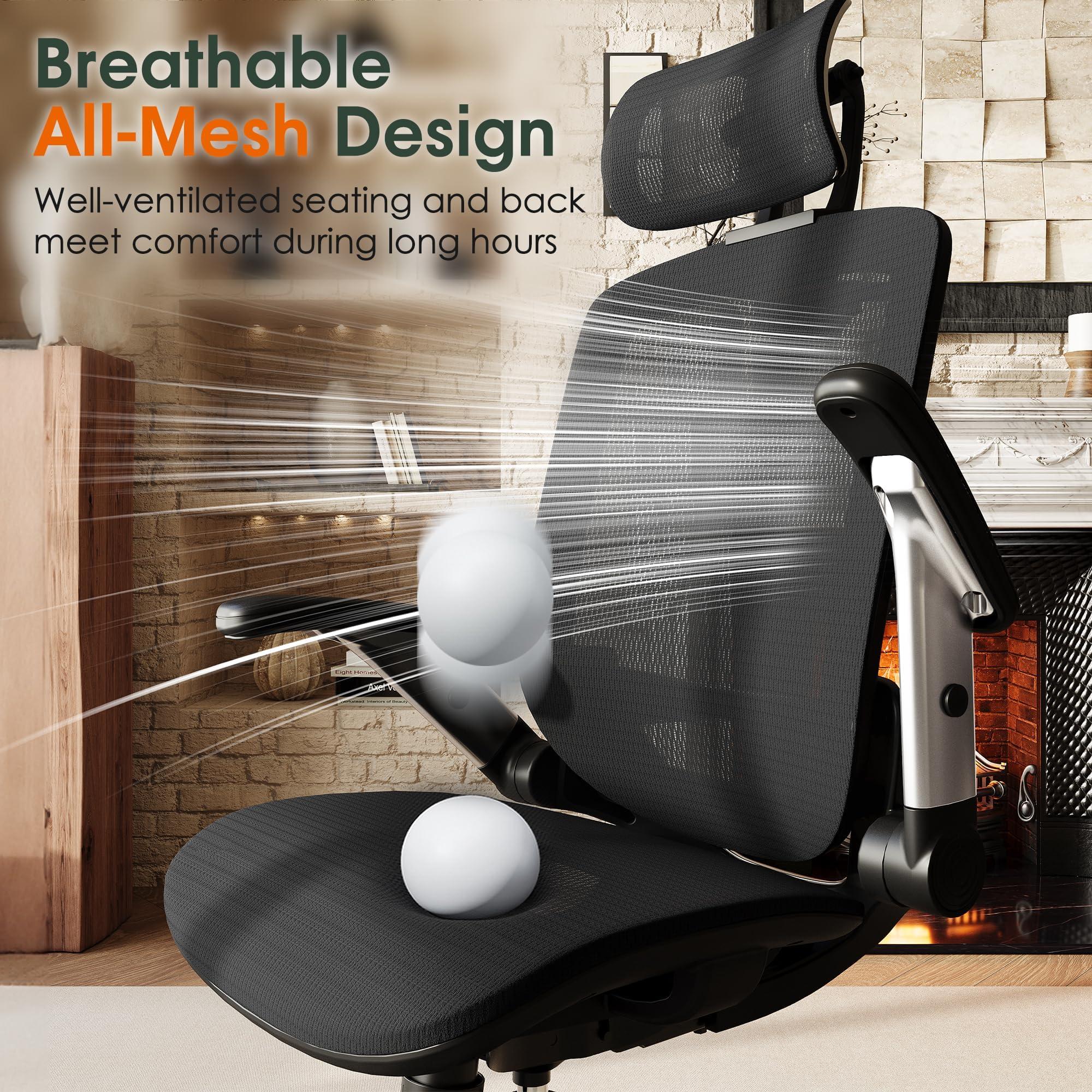 GABRYLLY Ergonomic Office Chair, High Back Home Desk Chair with Headrest, Flip-Up Arms, 90-120° Tilt Lock and Wide Cushion, Big and Tall Mesh Chairs for Man Woman, Black Task Chair - Image 8