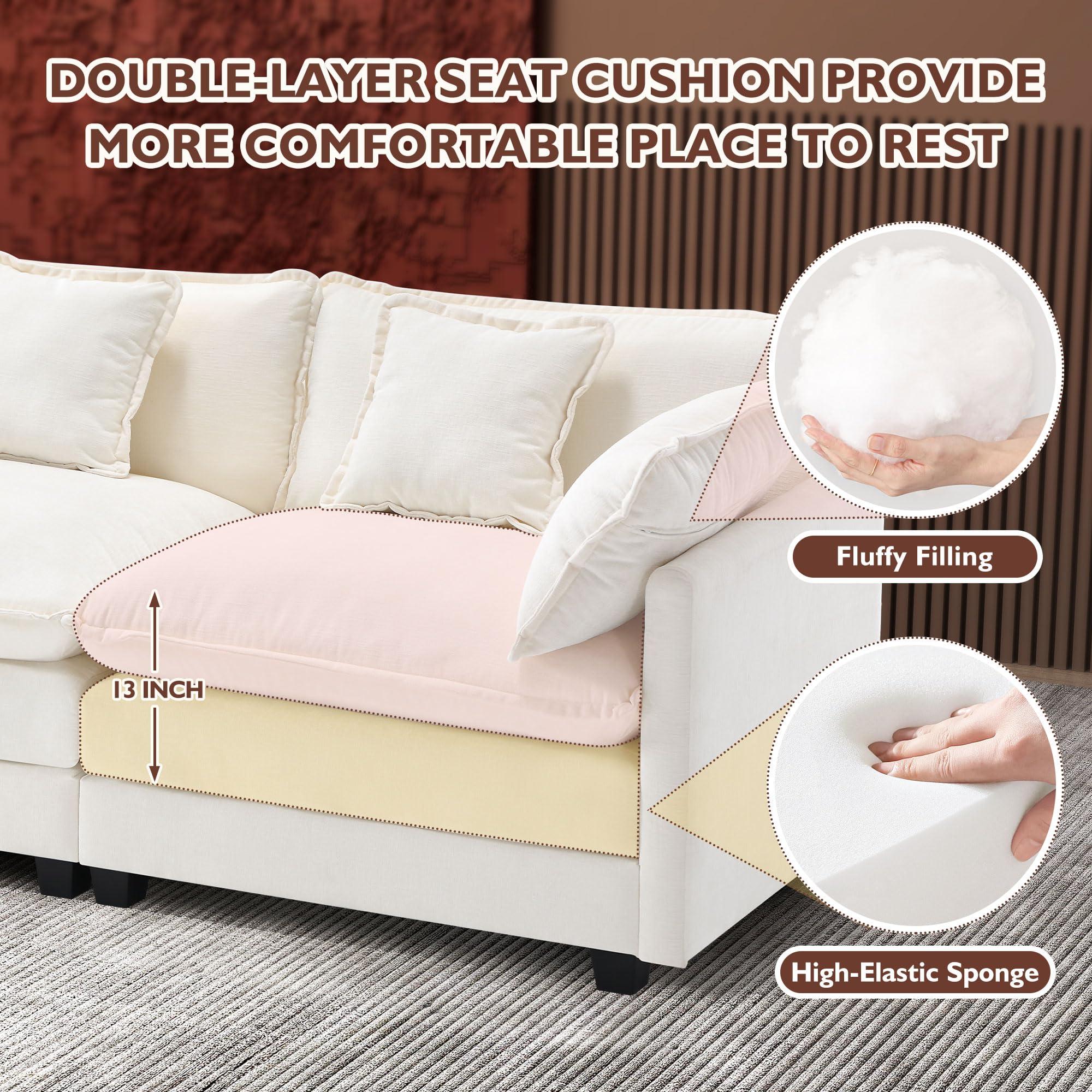 Ihanherry 146" U-Shaped Modern Sofa Modular Sectional Cloud Couch with 2 Ottoman, 6-Seat Chenille Deep Seat Sofa with 6 Pillows for Living Room, Bedroom and Apartment, Beige - Image 3