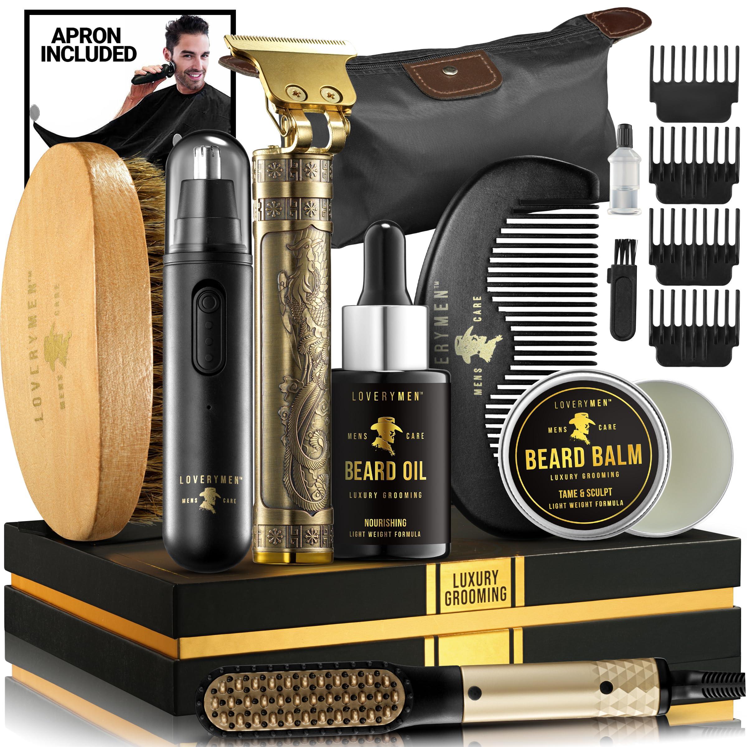 Gifts for Him, Fathers Day Gifts for Dad, Mens Grooming Beard Kit, Beard Trimmer, Nose Hair Trimmer, Hair Straightener Brush, Oil, Balm & More, 15pc Beard Kit for Men Care Mens Gifts Birthday