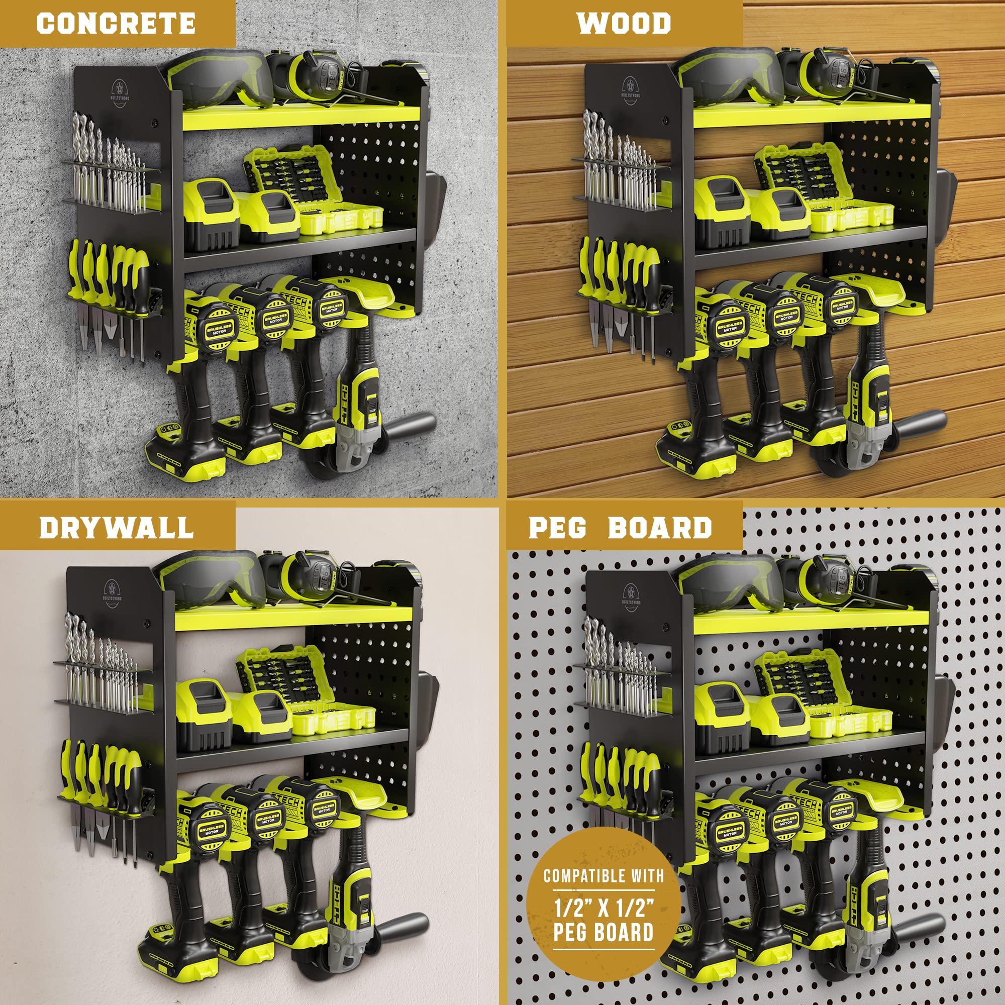 BUILTSTRONG Heavy-Duty Metal Tool Storage Rack - 3-Tier Wall Mount Organizer, Drill Holder, Utility Racks, PegBoard Side, Garage Storage (Green) - Image 6