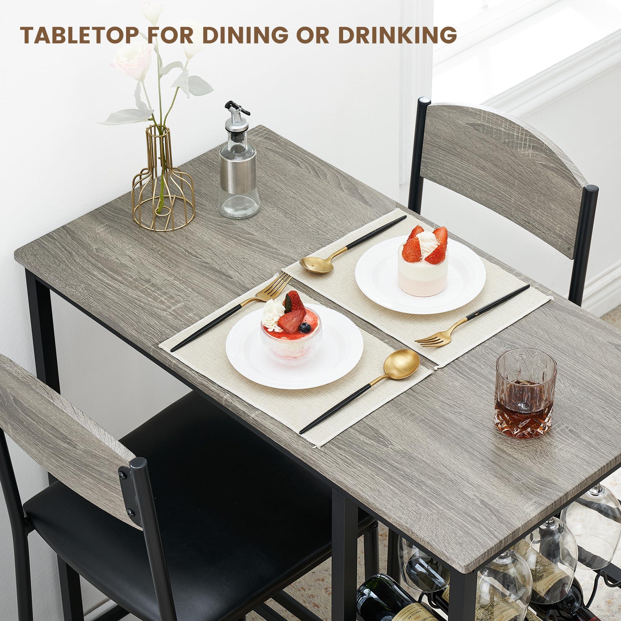 GarveeHome Dining Table Set for 2, Small Kitchen Room Table Set for 2 with Storage Shelf and Wine Rack, Space Saving Bar Table and Chairs Set of 2, Metal Frame and Pu Cushion, Gray - Image 4