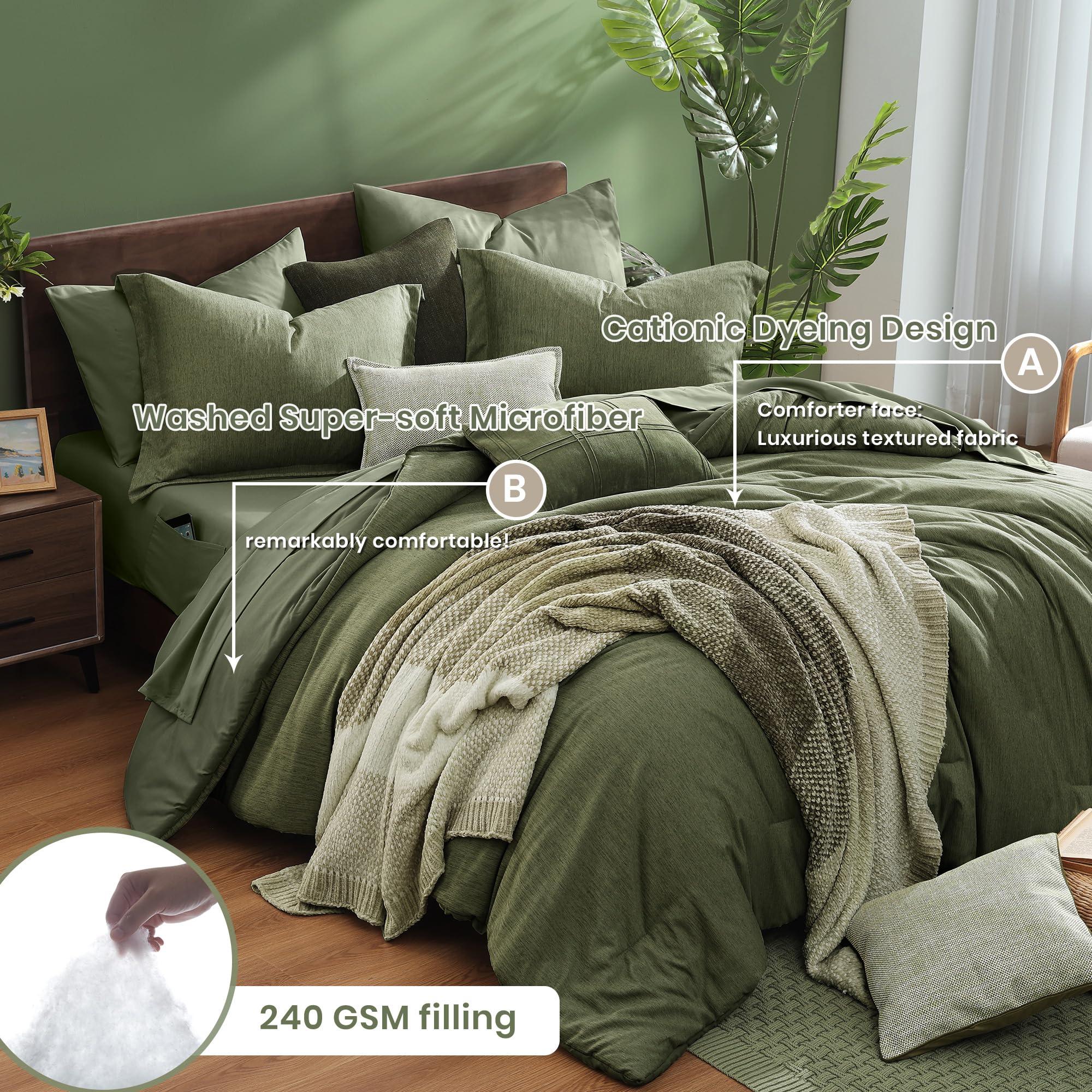 Monbix Queen Comforter Set - 7 Pieces Cationic Dyeing Olive Green Bed in a Bag Queen Bedding Sets with Comforter, Sheets, Pillowcases & Shams, Reversible Bedding Comforters Sets - Image 3
