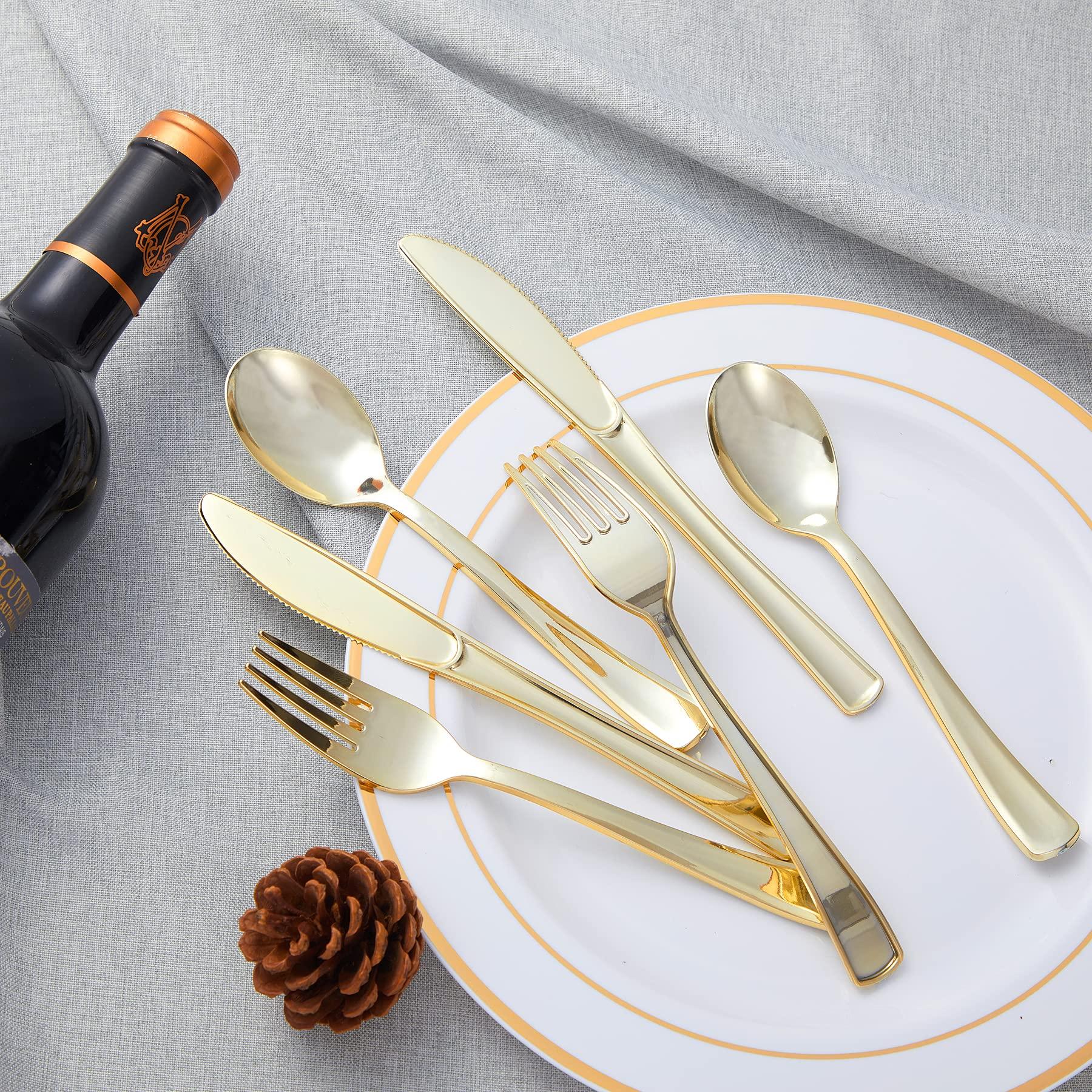 N9R 300PCS Gold Plastic Silverware, Heavy Duty Gold Plastic Cutlery Set Disposable Flatware Dinnerware, 100 Forks, 100 Spoons, 100 Knives, Perfect for Party, Wedding and Daily Use - Image 2