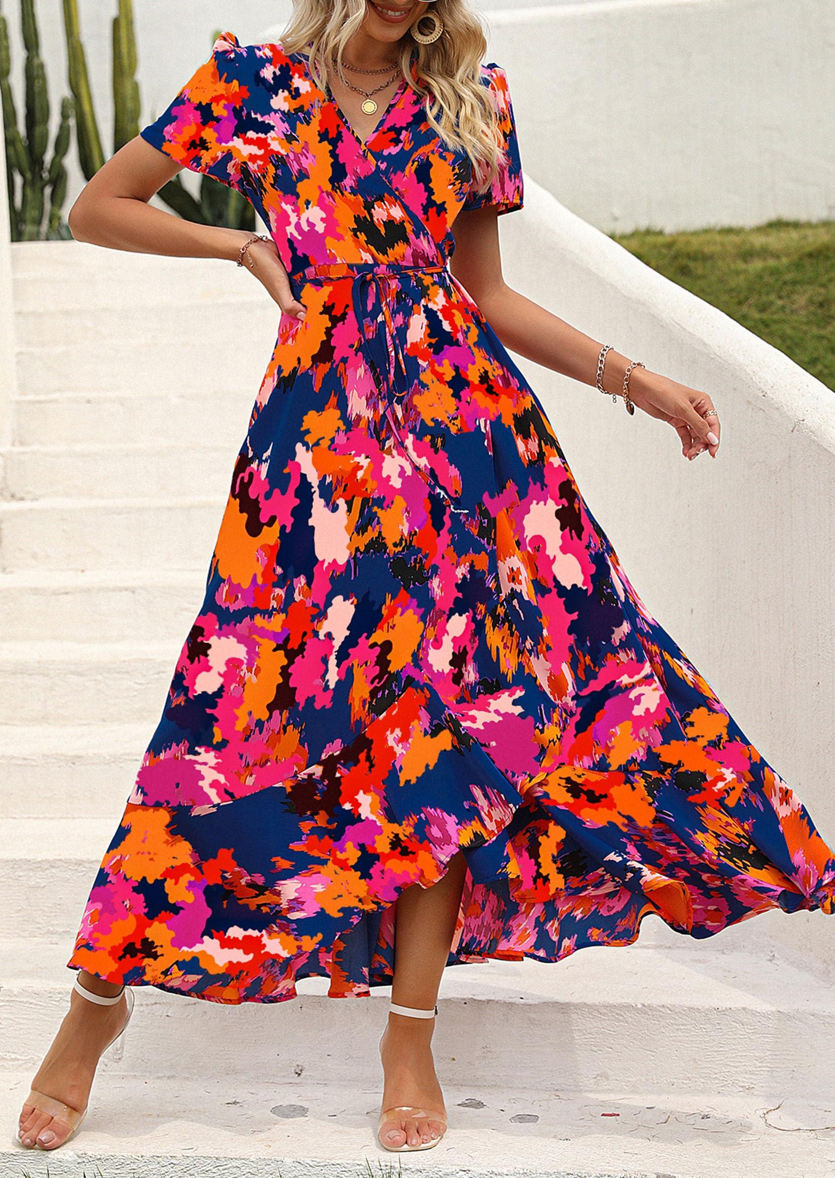 PRETTYGARDEN Women's Summer Maxi Dress Casual Wrap Floral Boho Short Sleeve V Neck Split Ruffle Beach Long Dresses - Image 6