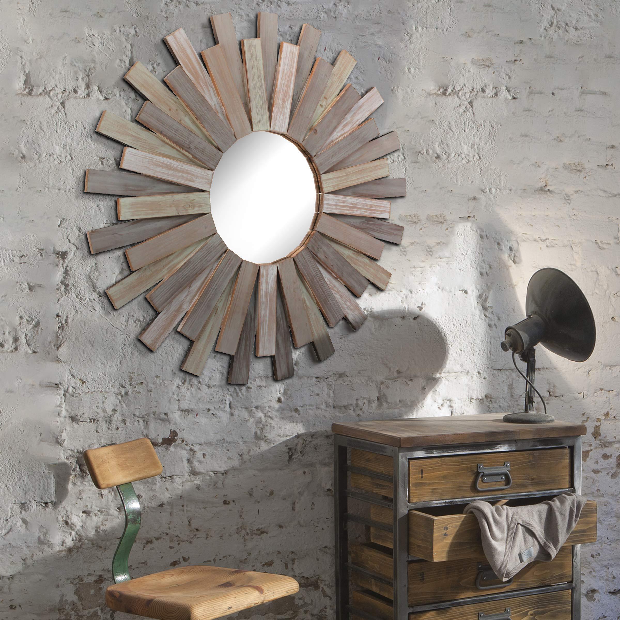 Stonebriar Large Round 32" Wooden Sunburst Wall Mirror with Attached Hanging Bracket, Decorative Rustic Decor for the Living Room, Bathroom, Bedroom, and Entryway, Multi Color - Image 2