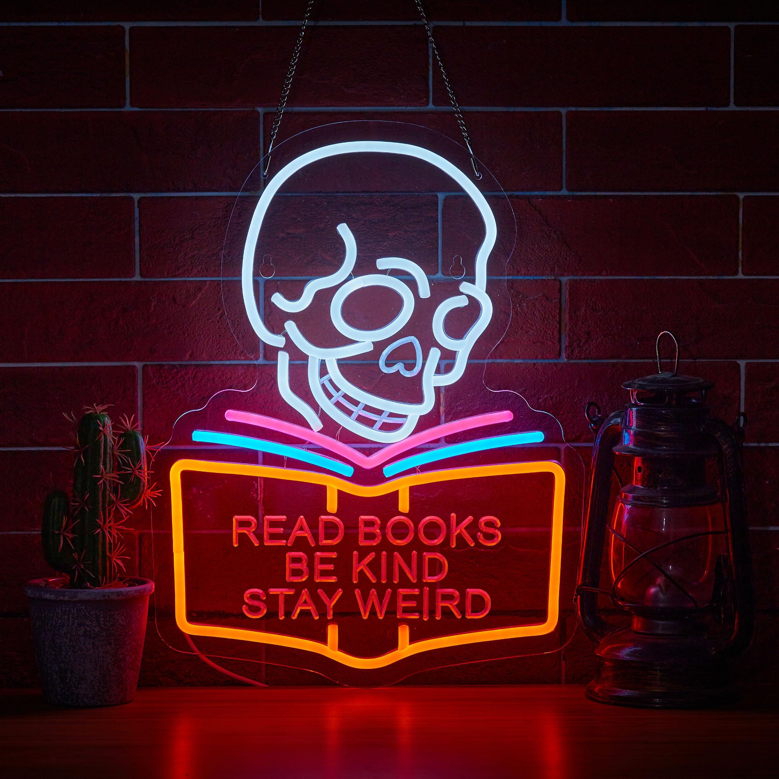 Read Books Be Kind Stay Weird Neon Sign for Wall Décor Dimmable LED Skull Neon Light USB Powered Neon Art Signs Decor