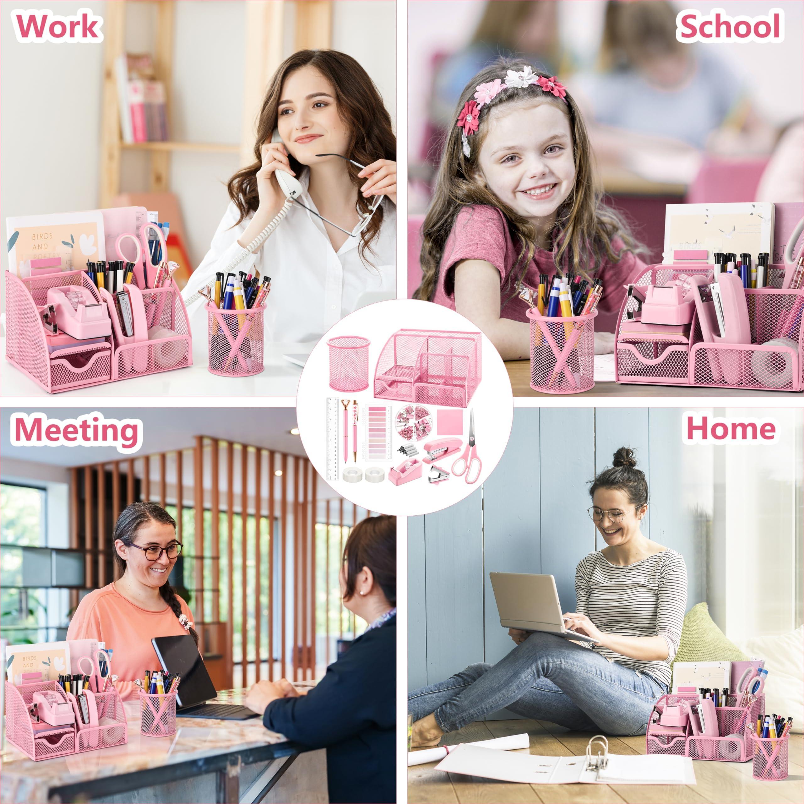 11 Pcs Pink Office Supplies Set Mesh Desk Organizer Accessories Kit Include Stapler Tape Dispenser Staple Remover Clips Ruler Scissors Sticky Notes for Office School Home Women (Pink) - Image 7