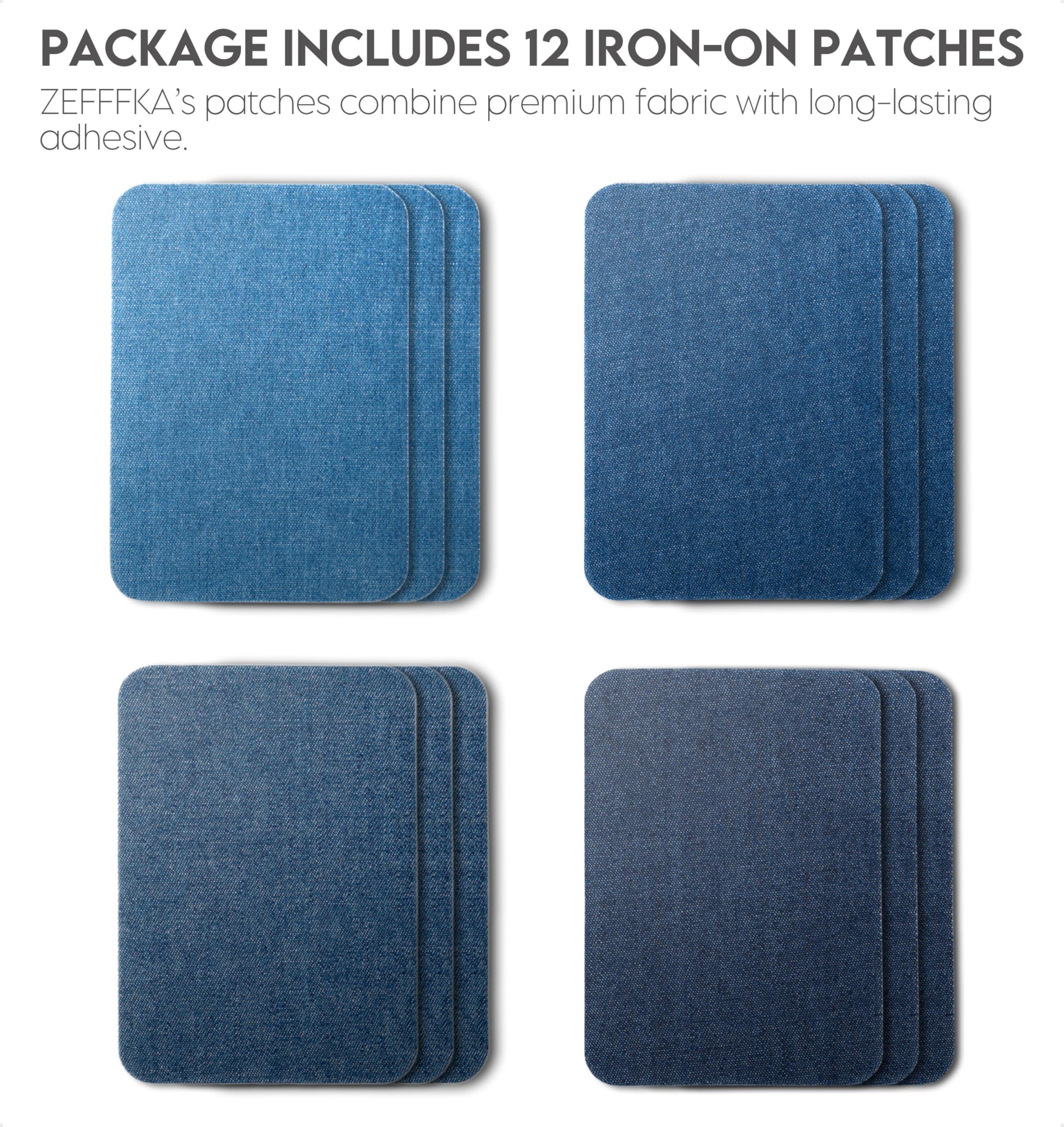 ZEFFFKA Denim Iron-on Patches Inside & Outside Strongest Glue 100% Cotton Black and White Repair Decorating Kit 12 Pieces Shades of Blue Size 3" by 4-1/4" (7.5 cm x 10.5 cm) - Image 4
