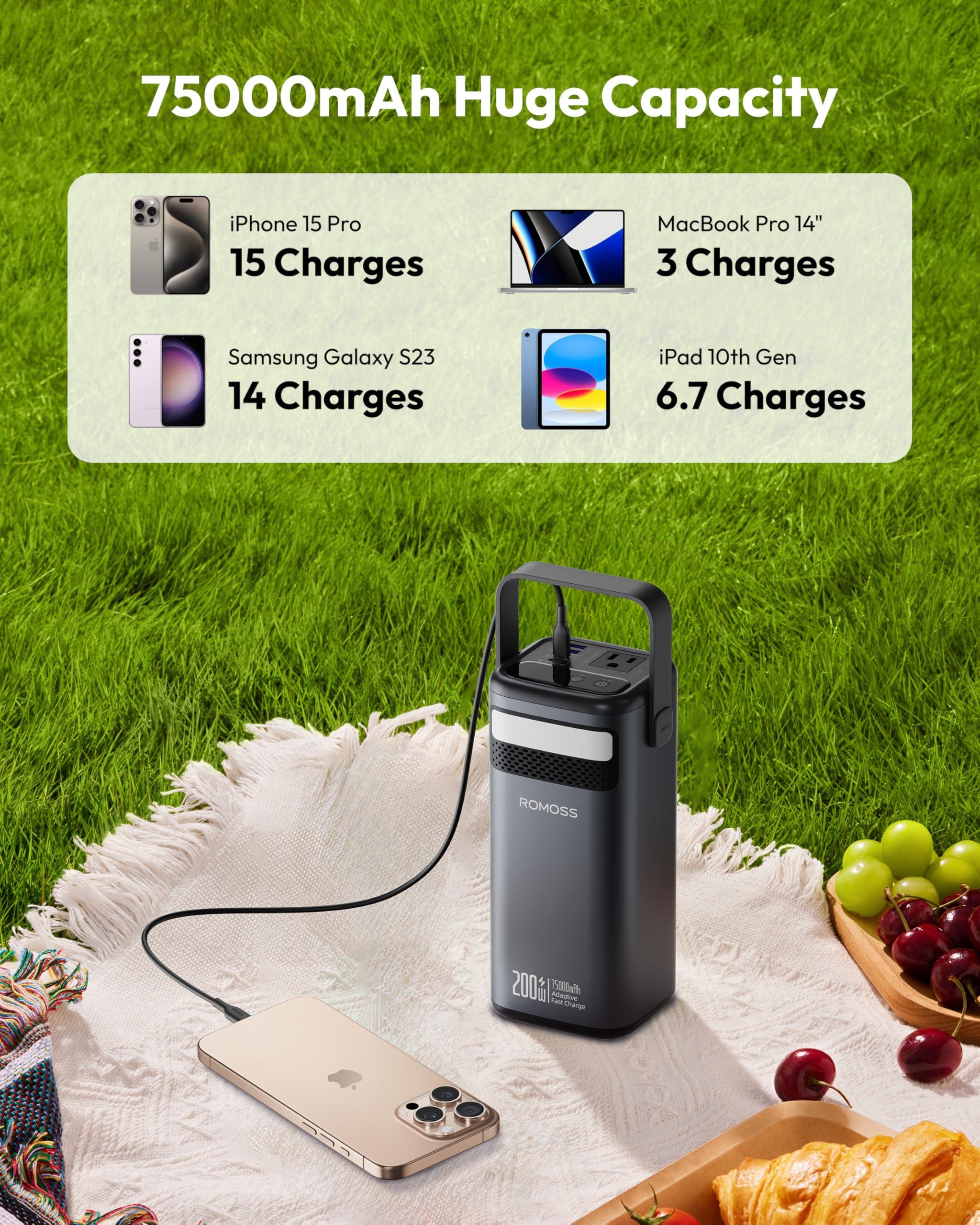 ROMOSS Power Bank Station 75,000mAh, 240Wh Outdoor Power Station, LiFePO4 Battery Pack, 200W AC Outlet, 100W USB-C in/out, Fast Charging, Smart Display and LED Light, for Outdoor Camping and Emergency - Image 8