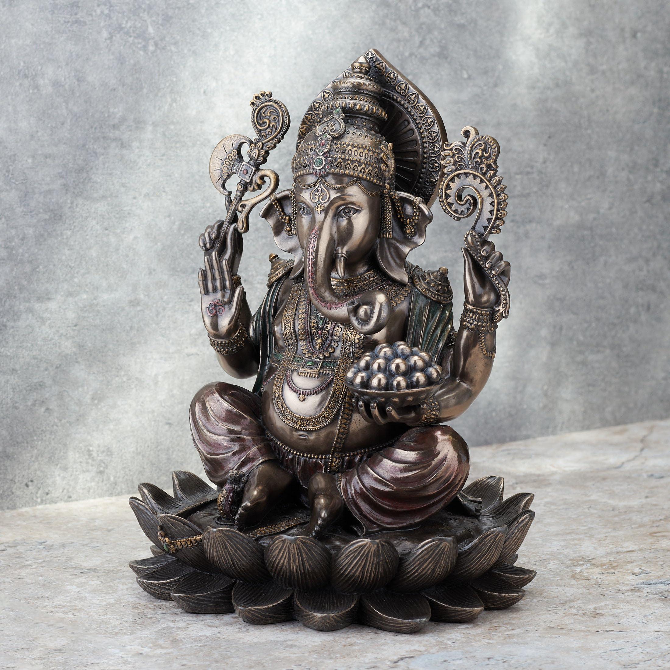 Veronese Design 9 7/8 Inch Lord Ganesha Sitting on Lotus Hindu God Antique Bronze Finish Resin Statue - Image 7