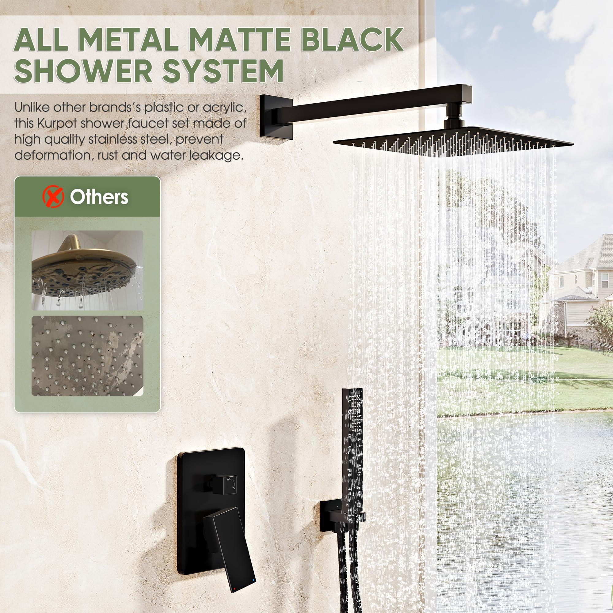 Kurpot Black Shower System, Wall Mounted Shower Faucet Set with Valve, 10-Inch Rainfall Shower Head with Handheld Combo Spray, 59'' Long Shower Hose and Shower Trim Kit, Matte Black - Image 3
