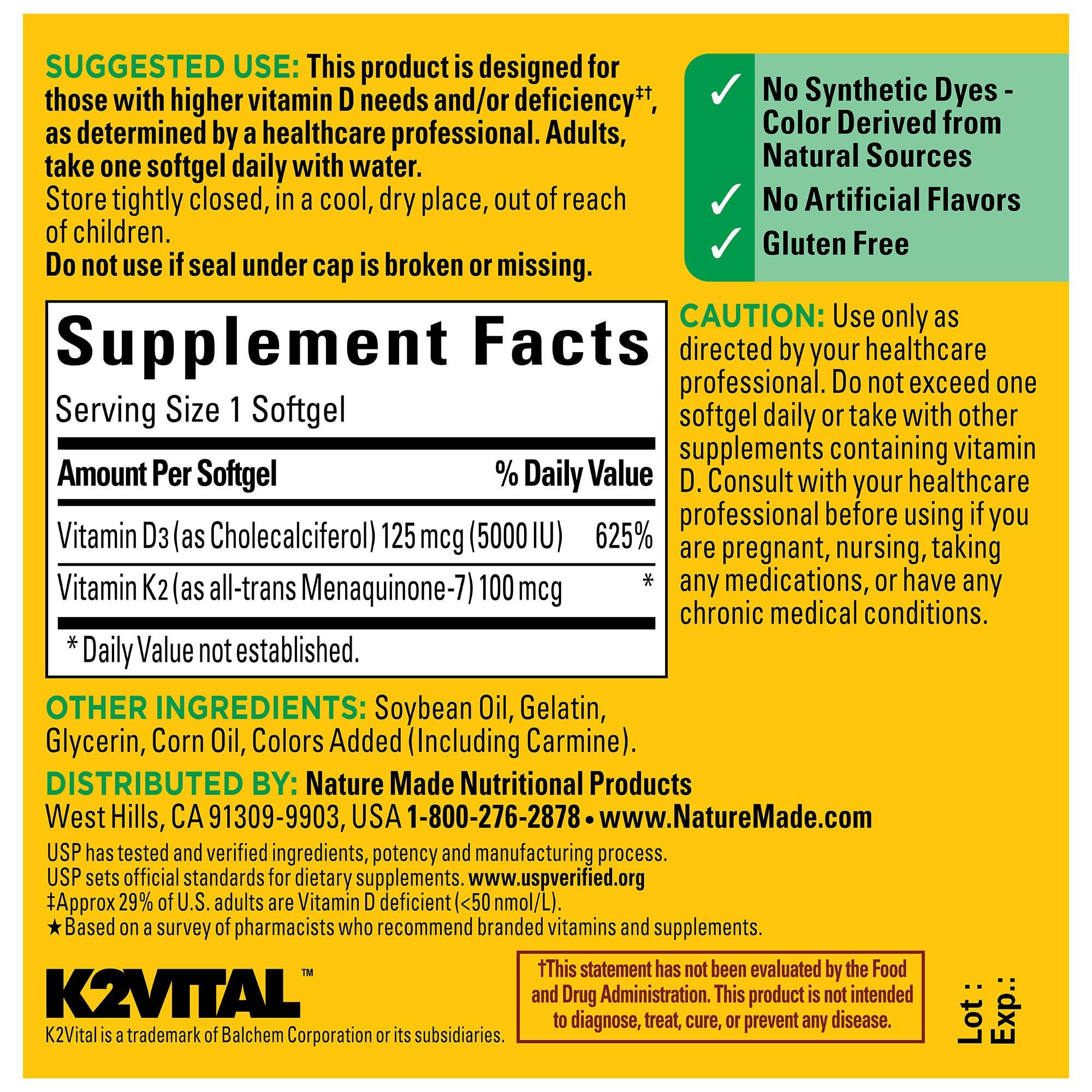 Nature Made Vitamin D3 K2, 5000 IU (125 mcg) Vitamin D, Dietary Supplement for Bone, Teeth, Muscle and Immune Health Support, 30 Softgels, 30 Day Supply - Image 5