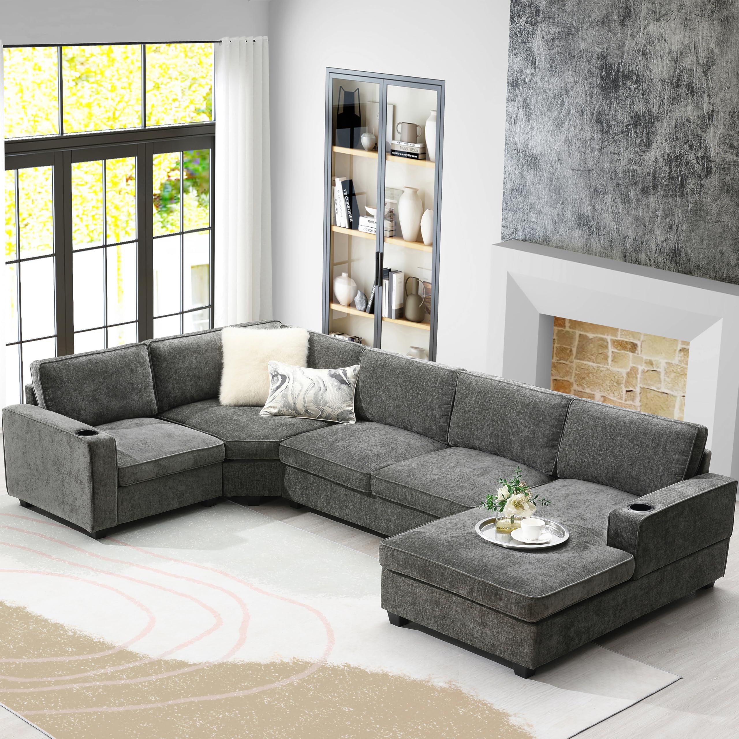 Merax 119" U Shaped Sectional Sofa, 6 Seat Chenille Corner Couch Set with Oversized Chaise Lounge, Comfy with Cup Holders for Living Room, Apartment, Gray