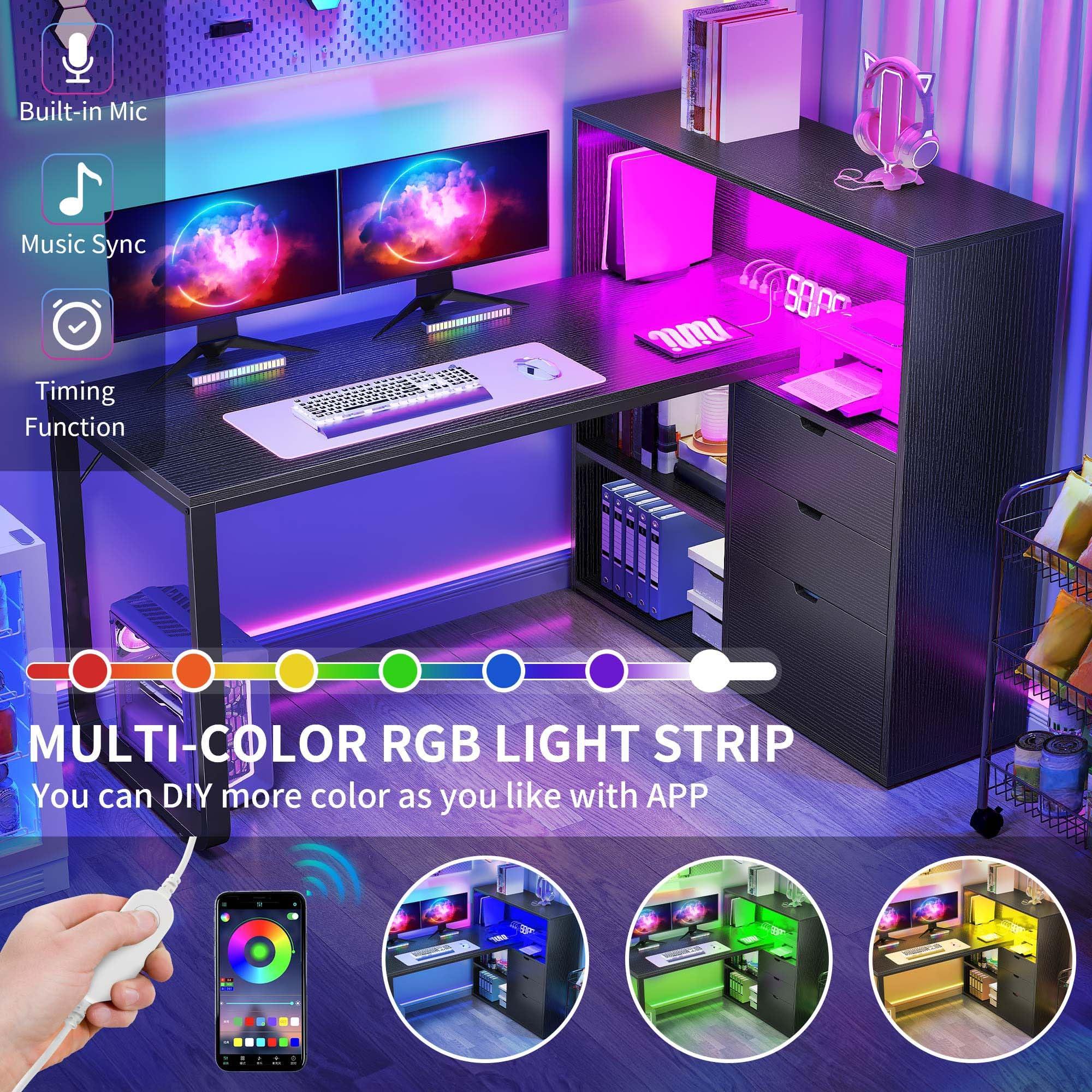 DWVO L Shaped Desk with Drawers & Power Outlets, 55" Computer Desk with Bookshelf, Corner Desk Home Office Desk with Storage Shelves & LED Lights, Black - Image 4