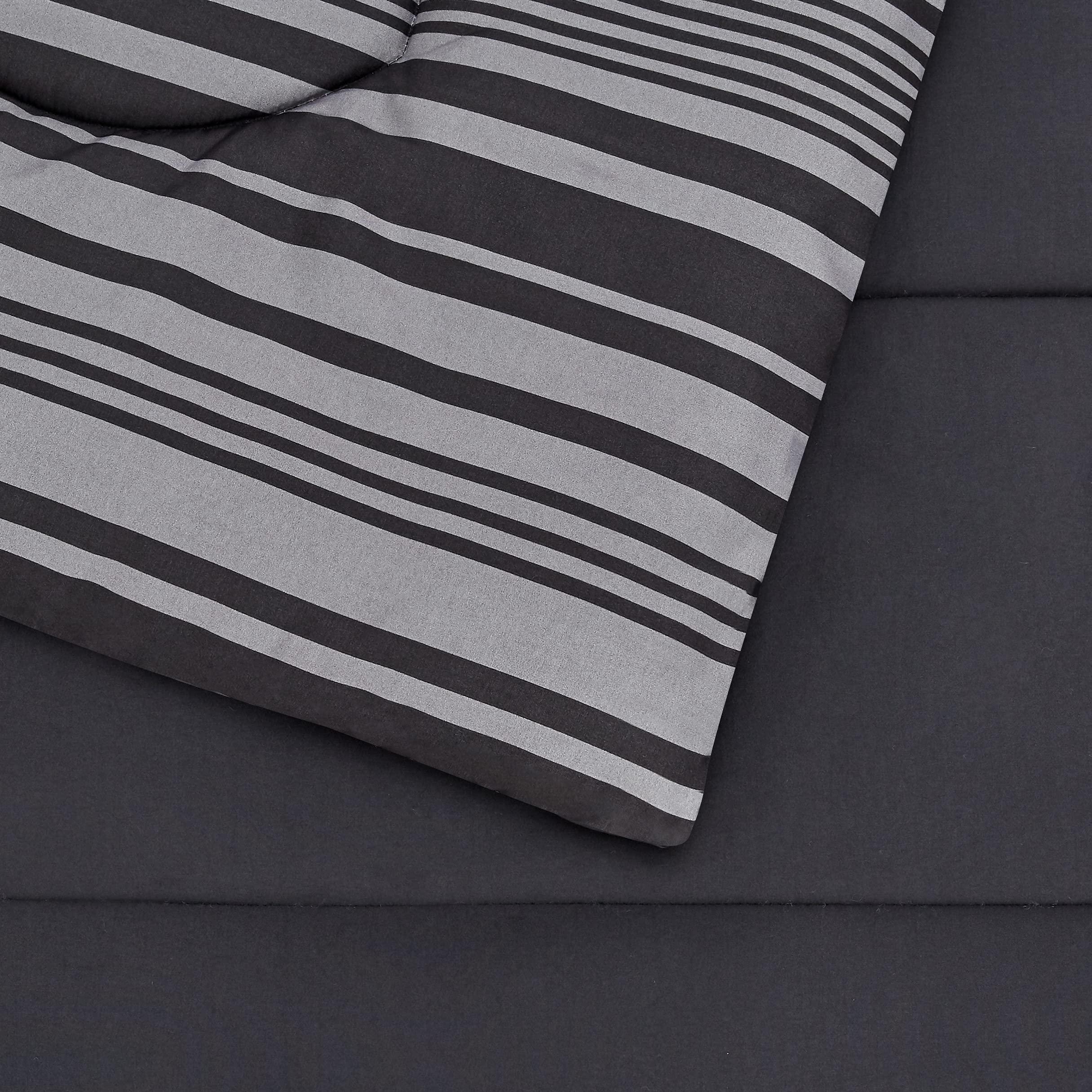 Amazon Basics Full/Queen Comforter Set with Sheets, 7-Piece Gray Calvin Stripe Bedding, Lightweight Microfiber Bed-in-a-Bag, Striped - Image 4