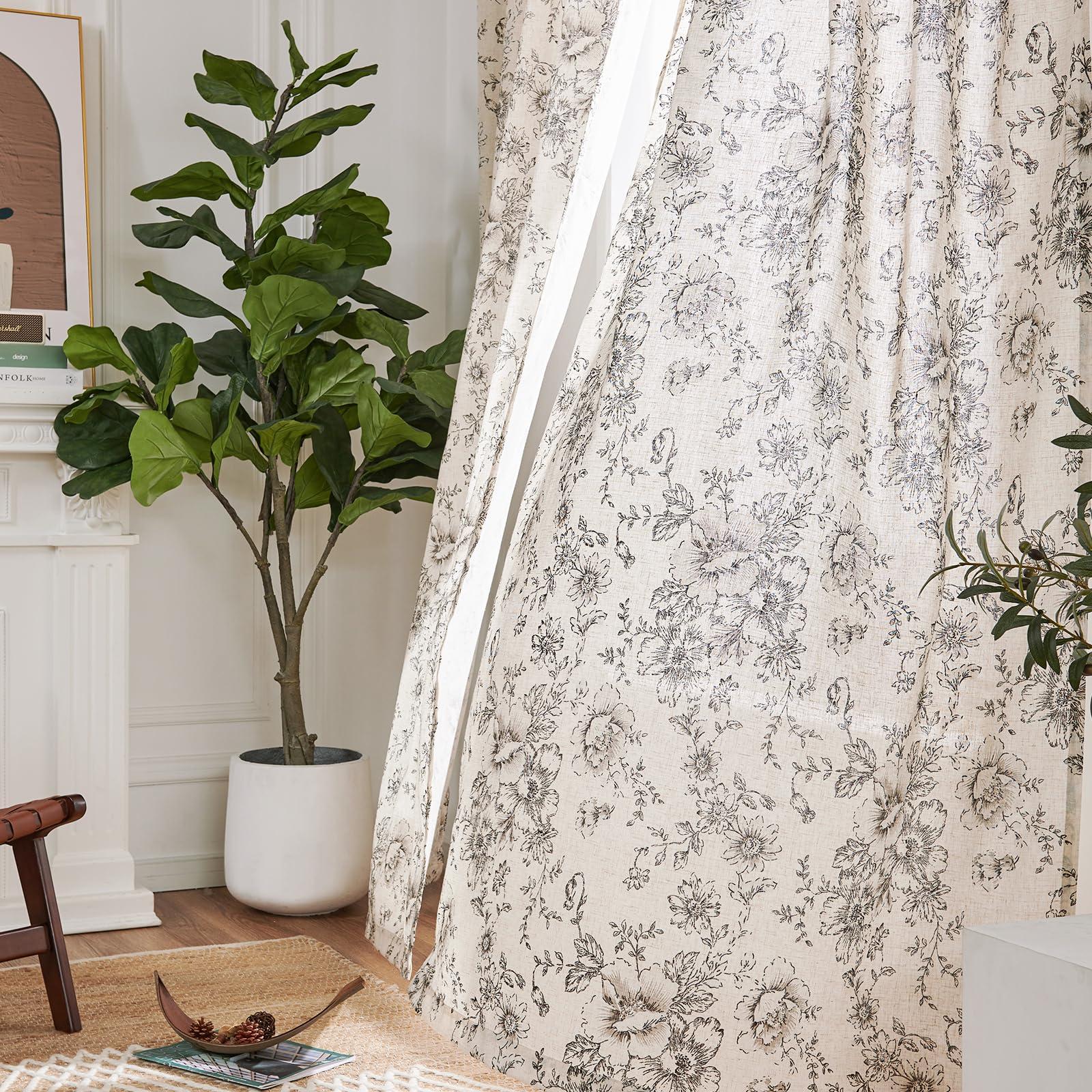 jinchan Linen Blend Curtain Floral Curtains for Living Room 84 Inch Length Black Printed Curtains Rod Pocket Back Tab Farmhouse Peony Flower Patterned Drapes Bedroom Window Curtain Set 2 Panels - Image 6