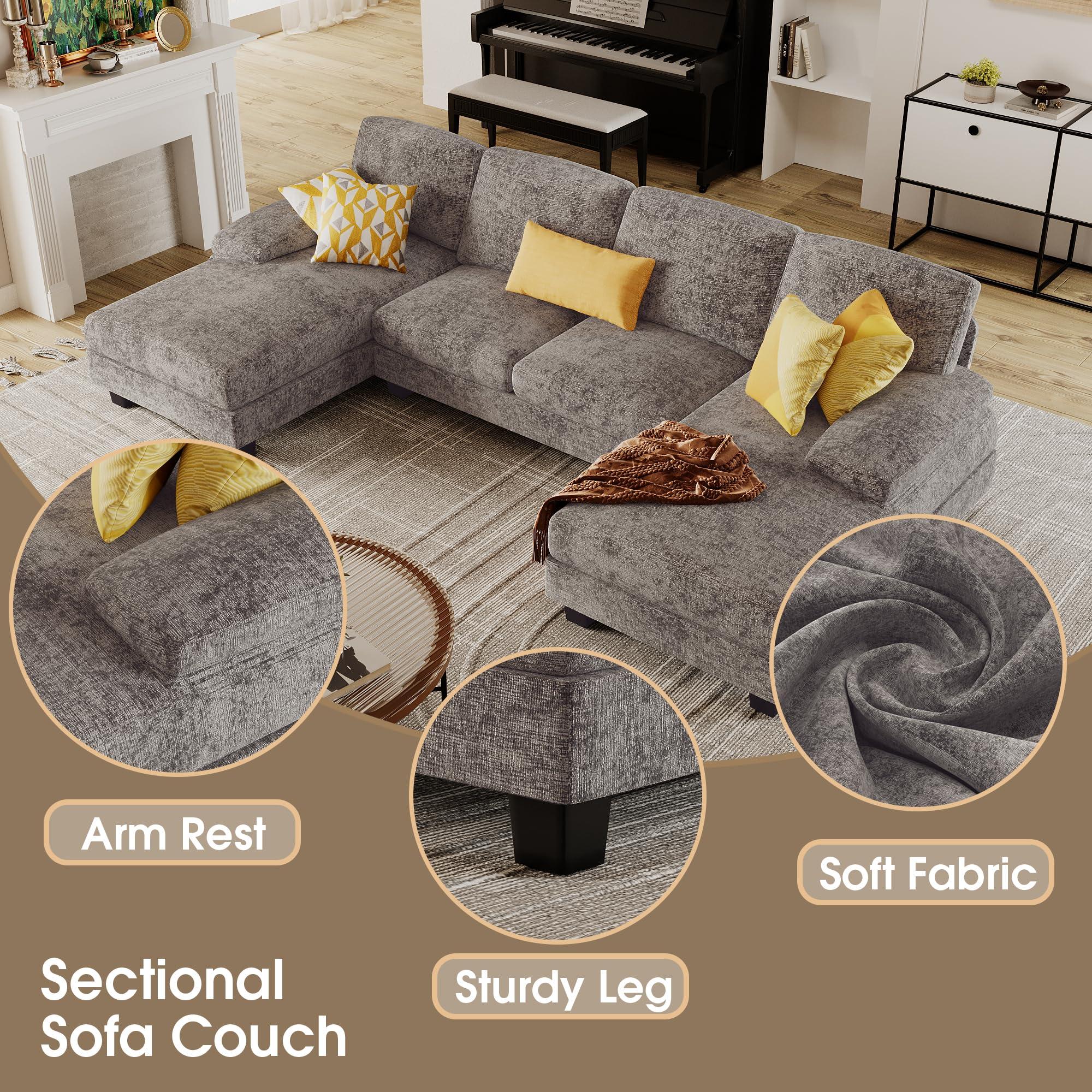 Furmax Sectional Couches for Living Room, U-Shaped Sofa Couch with Linen Fabric, 4 Seat Sofa Set with Double Chaise for Apartment (Fabric, Grey) - Image 5