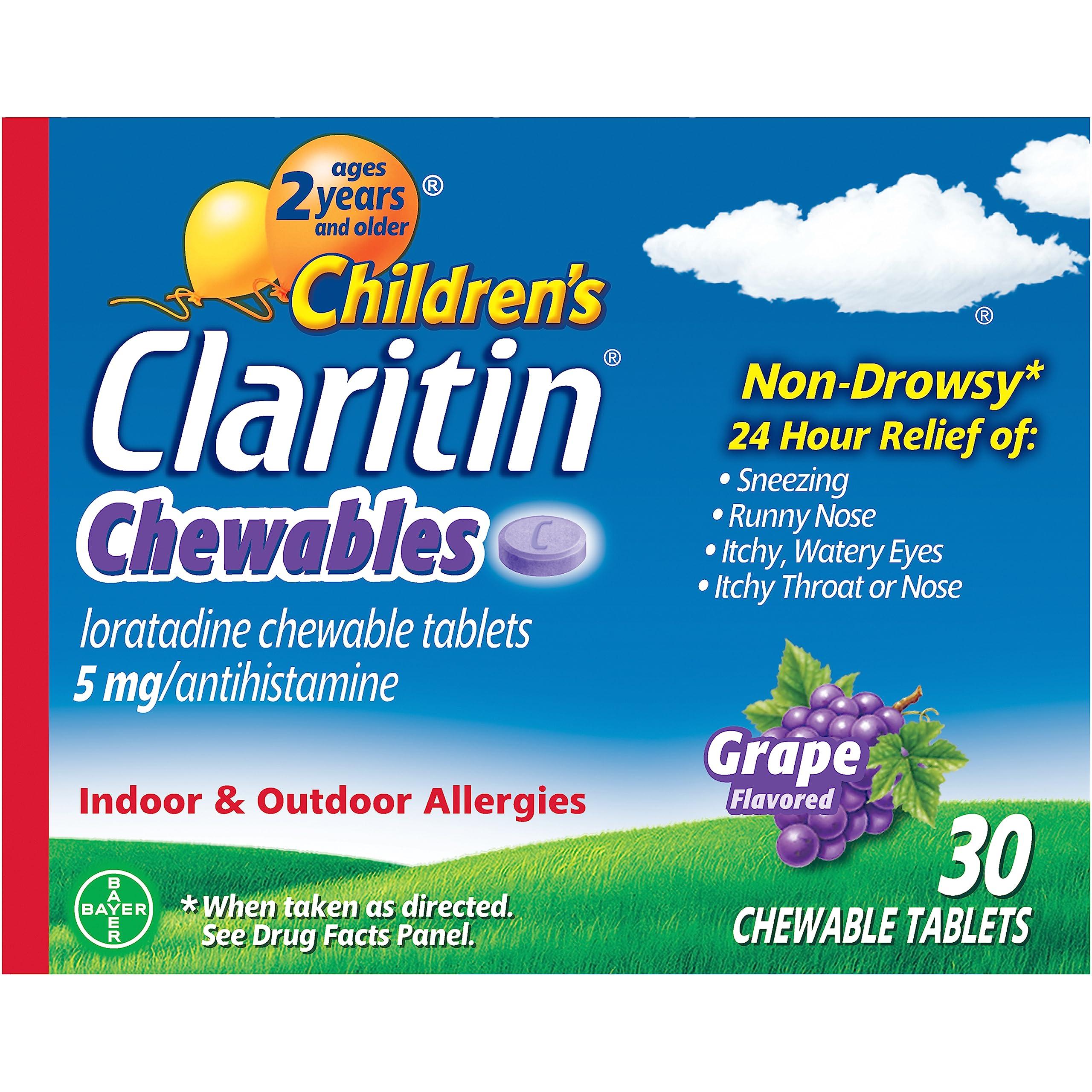 Children's Claritin Chewables 24 HR Children Allergy Medicine, Grape, 30 Count - Image 1
