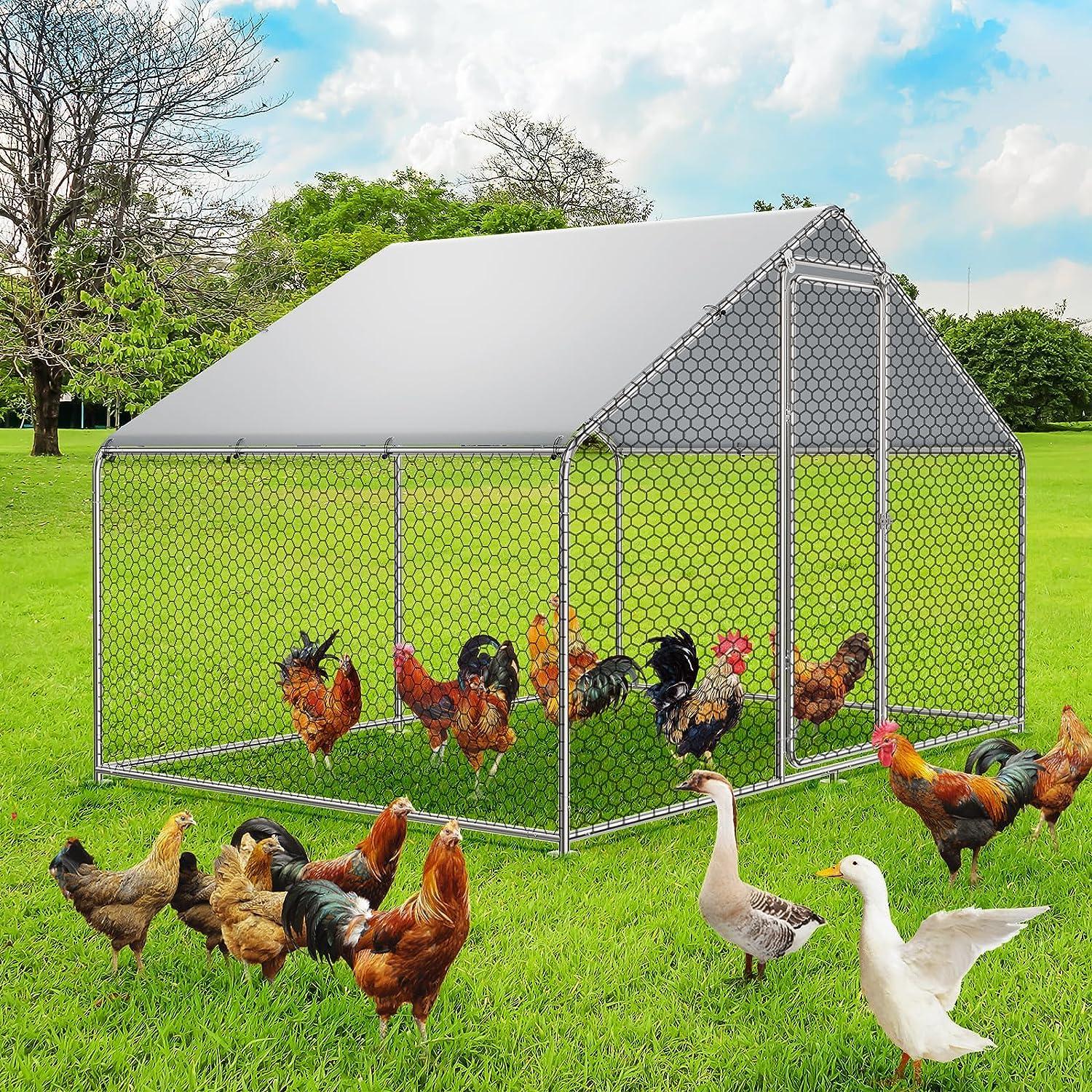RITSU Large Metal Chicken Coop Run for 6/10 Chickens, Duck Coop/House, Walk-in Chicken Runs for Yard, Chicken Cage/Pen with Waterproof Cover for Rabbit Duck Chicken (9.8' L×6.6'W× 6.4'H)