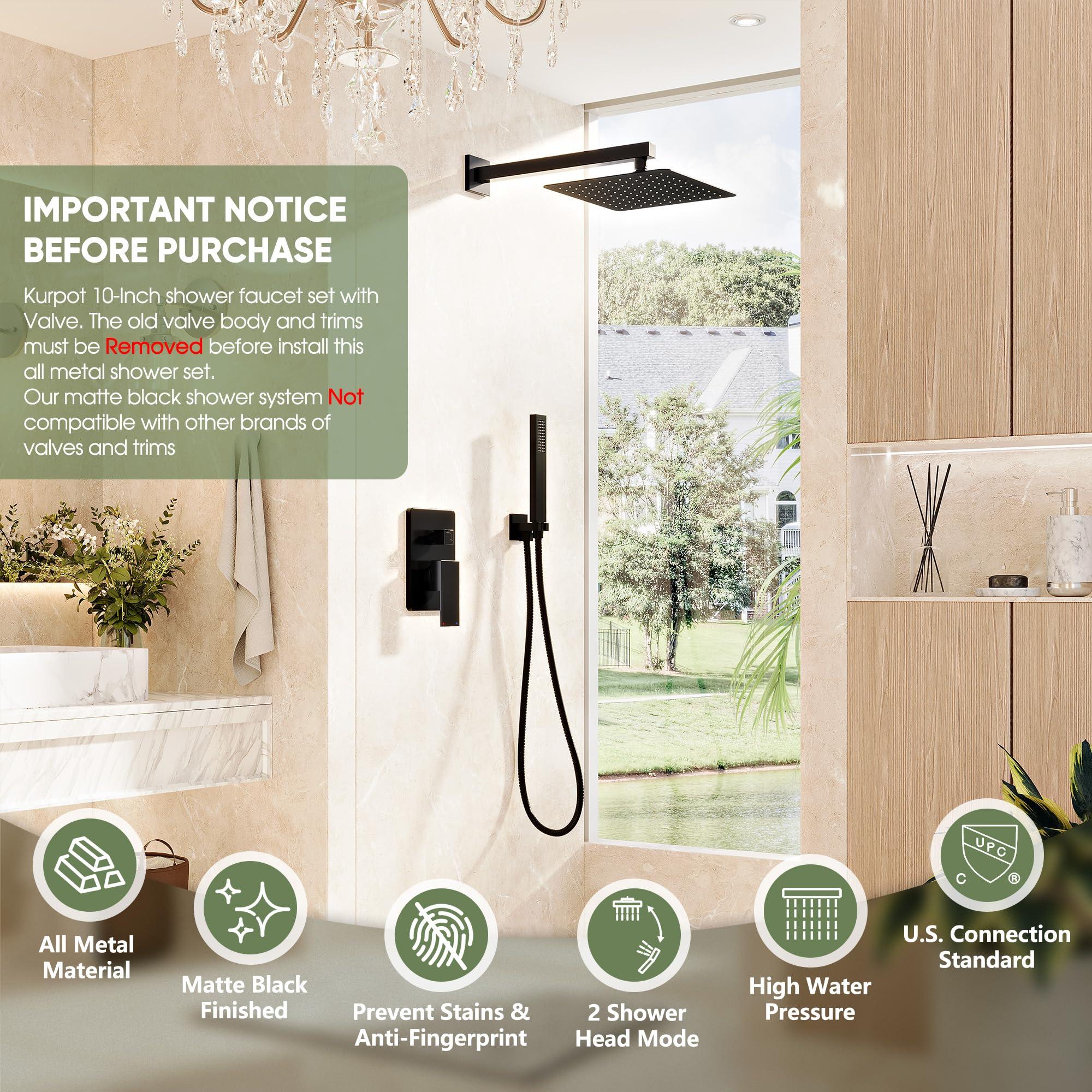 Kurpot Black Shower System, Wall Mounted Shower Faucet Set with Valve, 10-Inch Rainfall Shower Head with Handheld Combo Spray, 59'' Long Shower Hose and Shower Trim Kit, Matte Black - Image 2