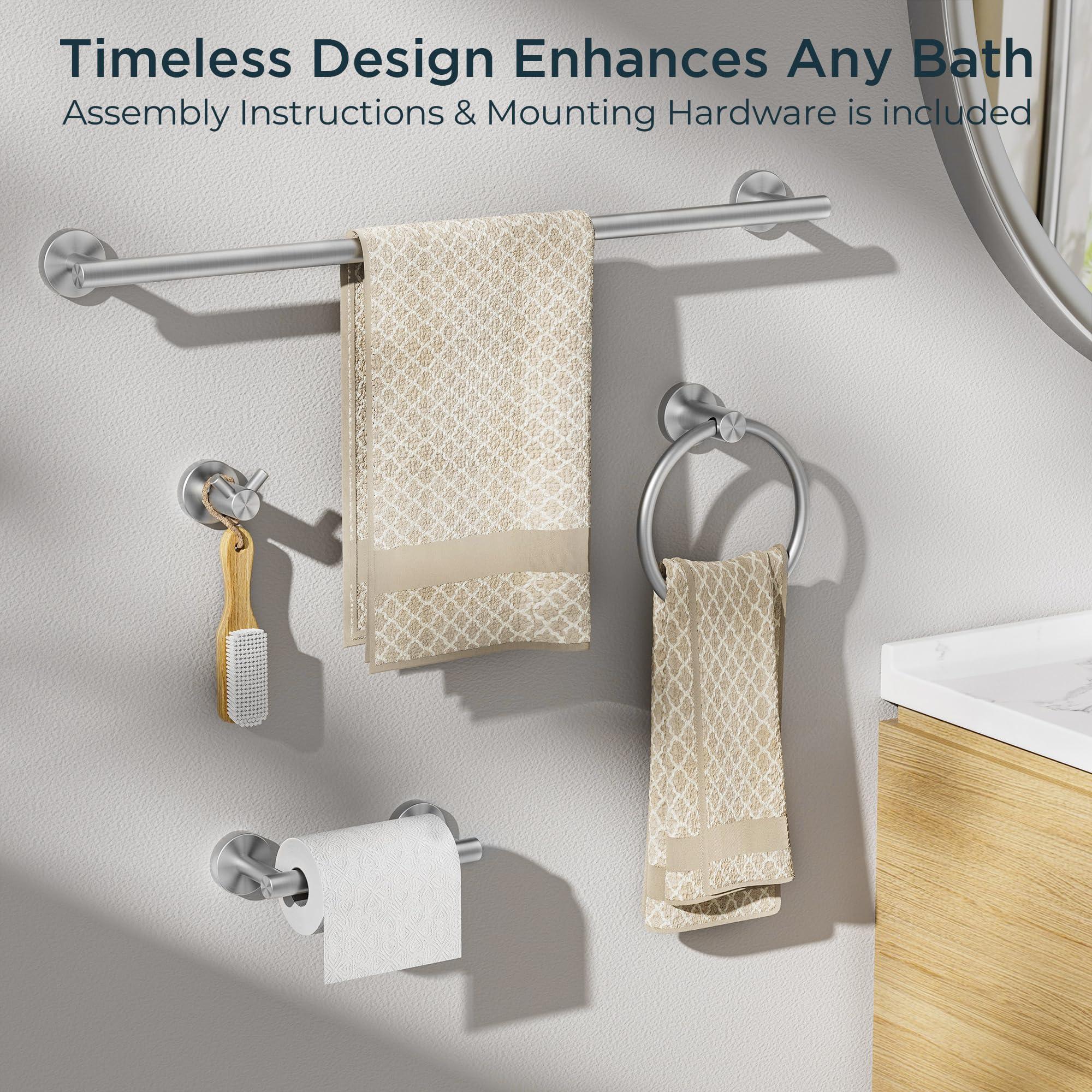 FORIOUS Bathroom Hardware Accessories Set Brushed Nickel, SUS304 Stainless Steel 24 Inch Towel Bar Set, Modern Towel Racks Holder for Bathroom Wall Mounted, 4 Pieces - Image 7