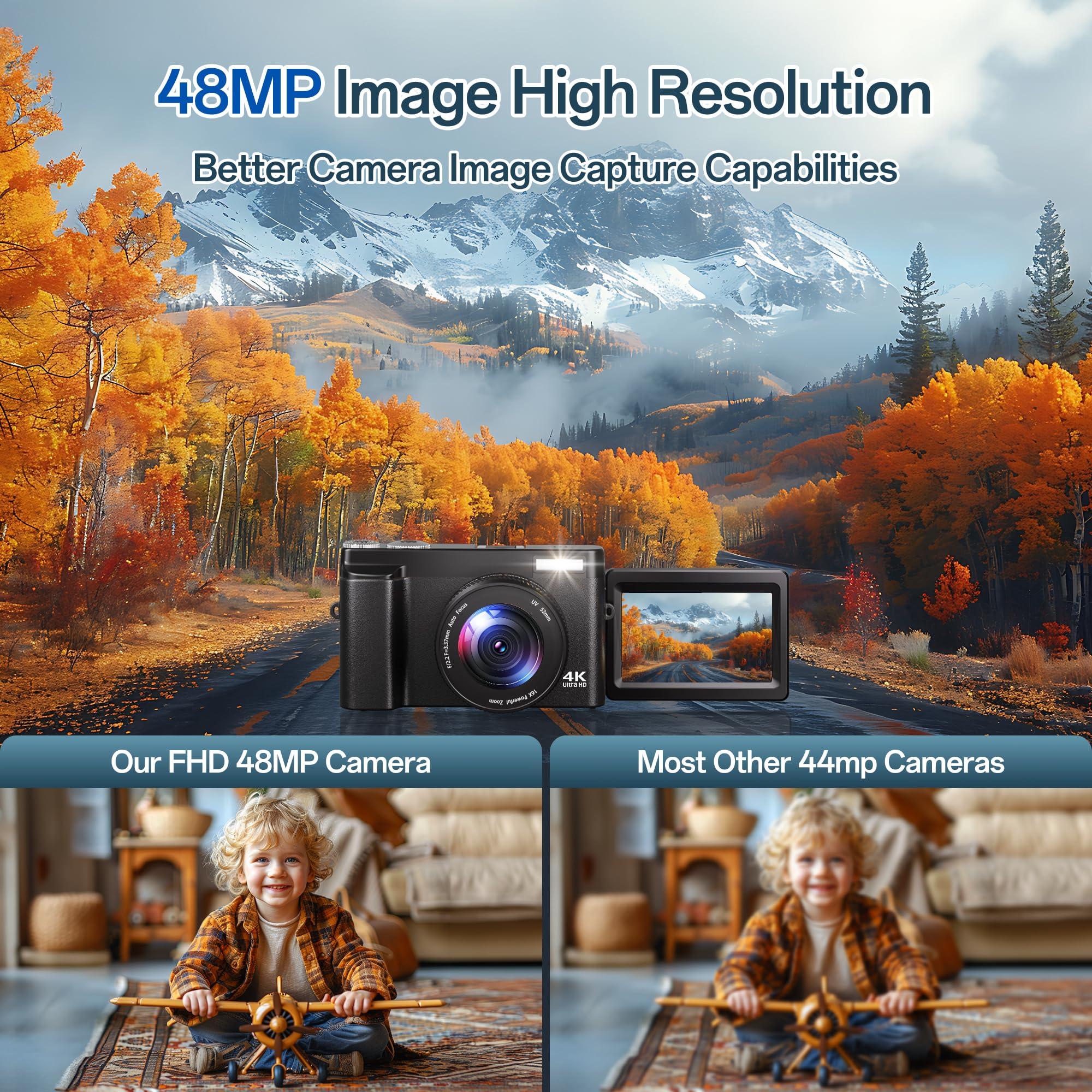 4K Digital Camera for Photography, 48MP Autofocus Vlogging Camera for YouTube with 3'' 180°Flip Screen, 16X Digital Zoom Anti-Shake with SD Card, 2 Batteries & Charging Stand - Image 3