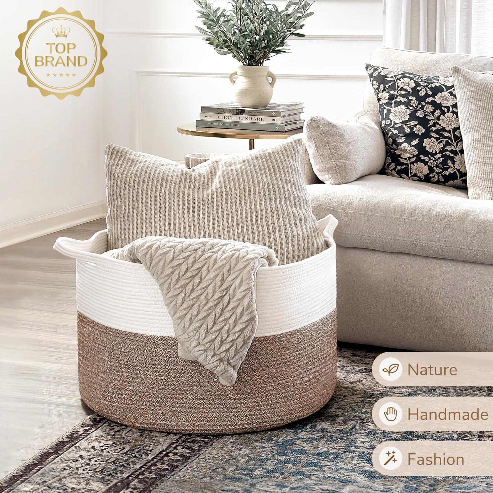 INDRESSME XXXLarge Cotton Rope Basket 21.7" x 21.7" x 13.8" Woven Baby Laundry Blanket Basket Toy Baskets with Handle Storage Comforter Cushions Thread Laundry Hamper - Image 2