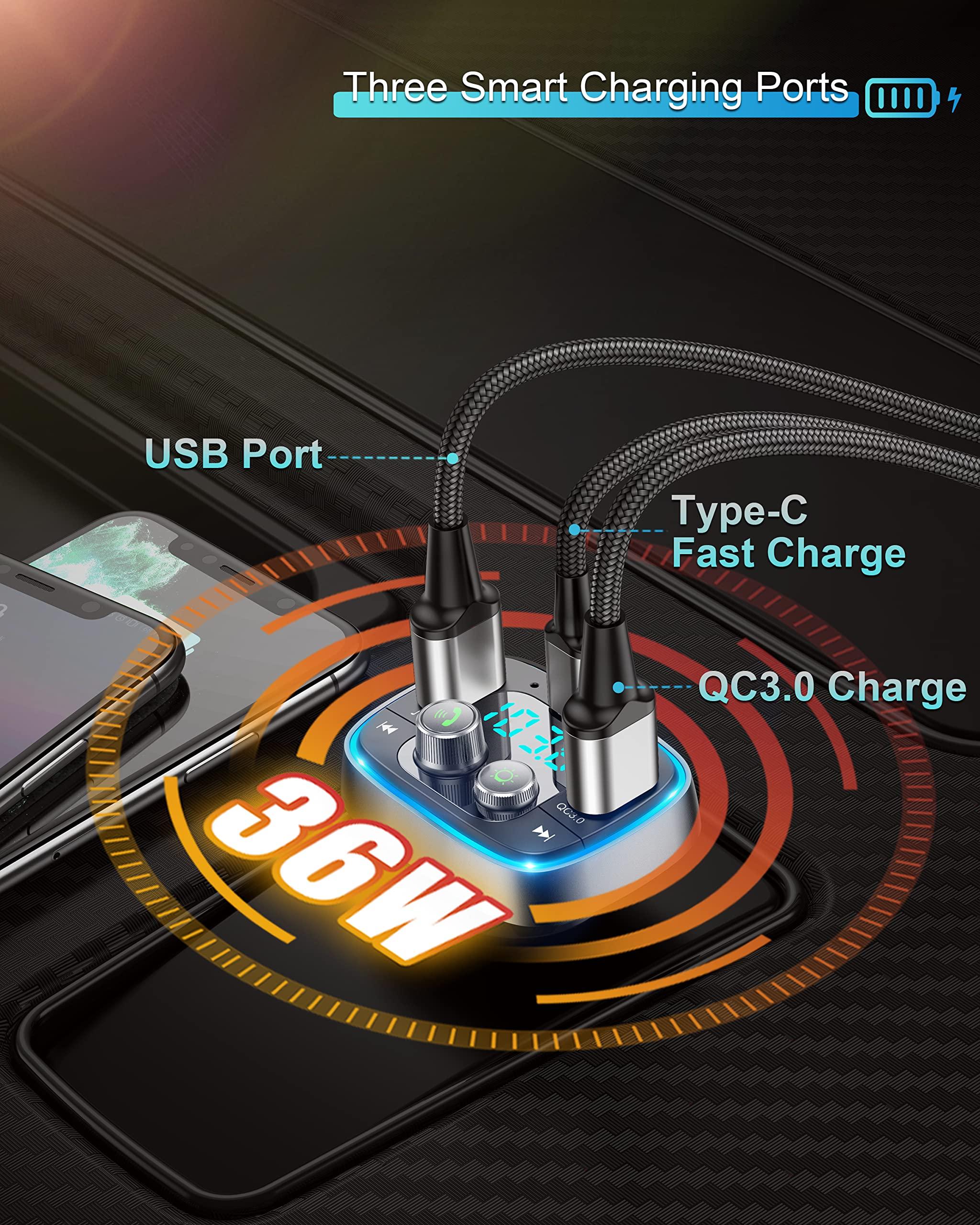 LIHAN USB C Bluetooth Adapter for Car, AUX Wireless FM Radio Transmitter, Handsfree Calling & Audio Receiver, MP3 Music Player, QC3.0 & Type-C PD USB Charger,7 Colors LED Backlit - Image 4