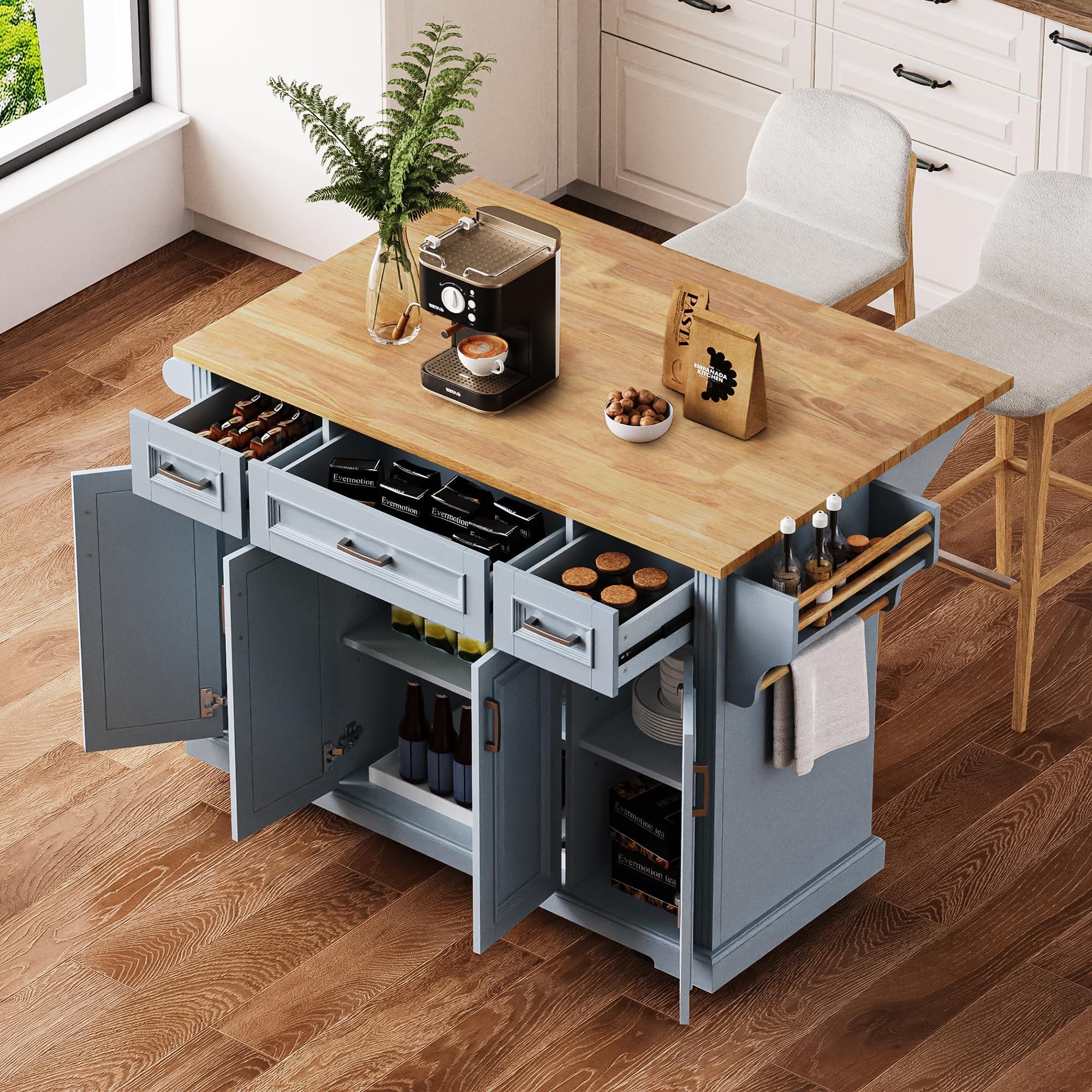 Ball & Cast Large Kitchen Island with Rubber Wood Drop Leaf,Embossed Texture Rolling Kitchen Cart On 4 Wheels W/4 Doors&3 Drawers,Mobile Kitchen Islands W/Storage for Kitchen,Dining Room,Grey Blue,54" - Image 12