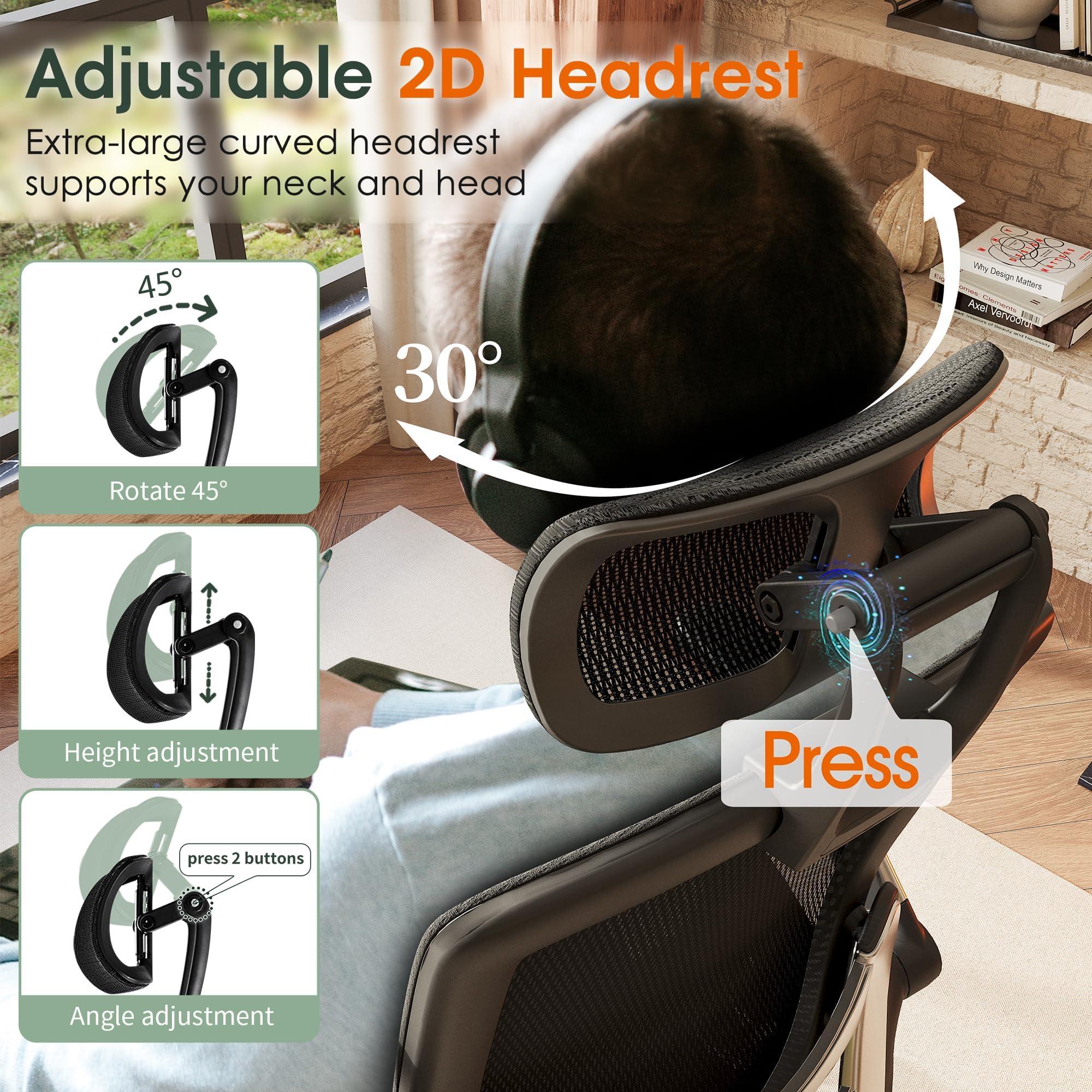 GABRYLLY Ergonomic Office Chair, High Back Home Desk Chair with Headrest, Flip-Up Arms, 90-120° Tilt Lock and Wide Cushion, Big and Tall Mesh Chairs for Man Woman, Black Task Chair - Image 5