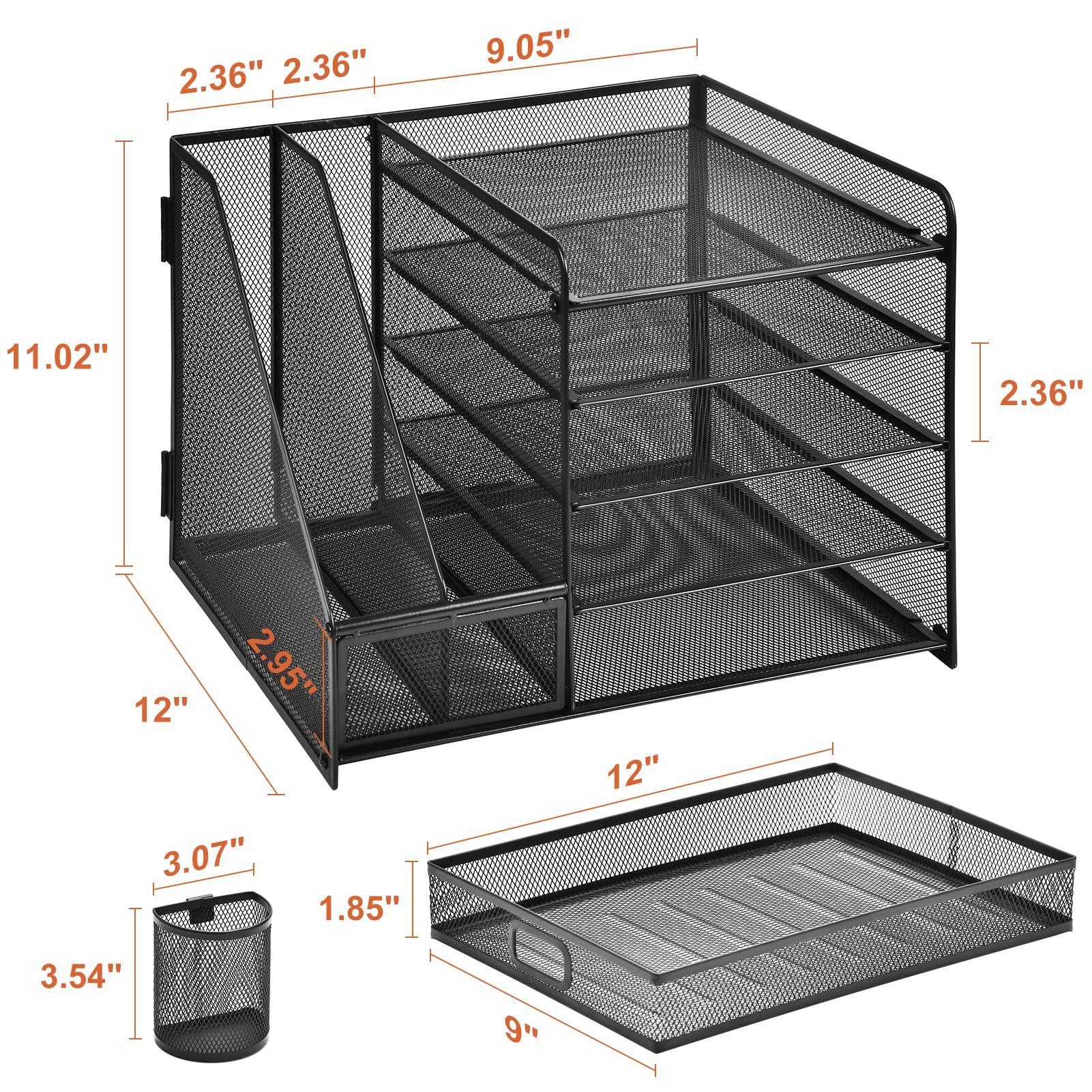 Marbrasse Desk Organizer with File Holder, 5-Tier Paper Letter Tray Organizer with Drawer and 2 Pen Holder, Mesh Desktop Organizer and Storage with Magazine Holder for Office Supplies(Black) - Image 3