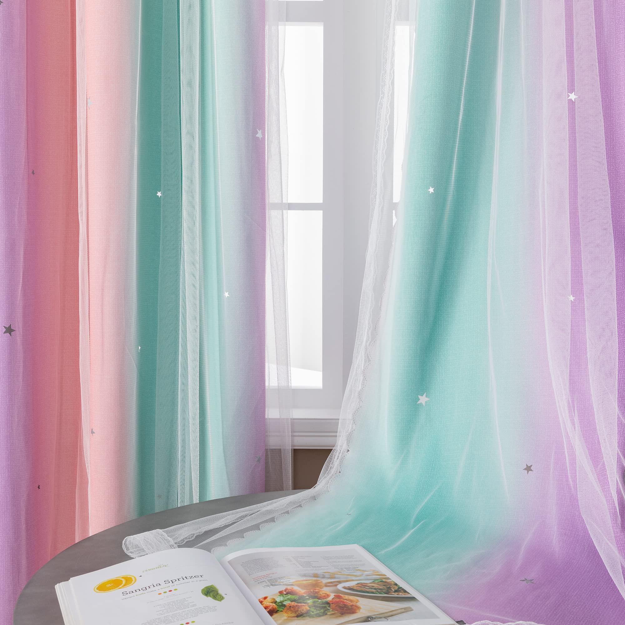XiDi Curtains for Girls Bedroom Decor, Rainbow Blackout Curtains for Kids Room Decor, Purple for Little Girl Room, Unicorn Wall Decals Pink Curtains Green, 63 Inches Long 34 Wide 1 Panel - Image 4