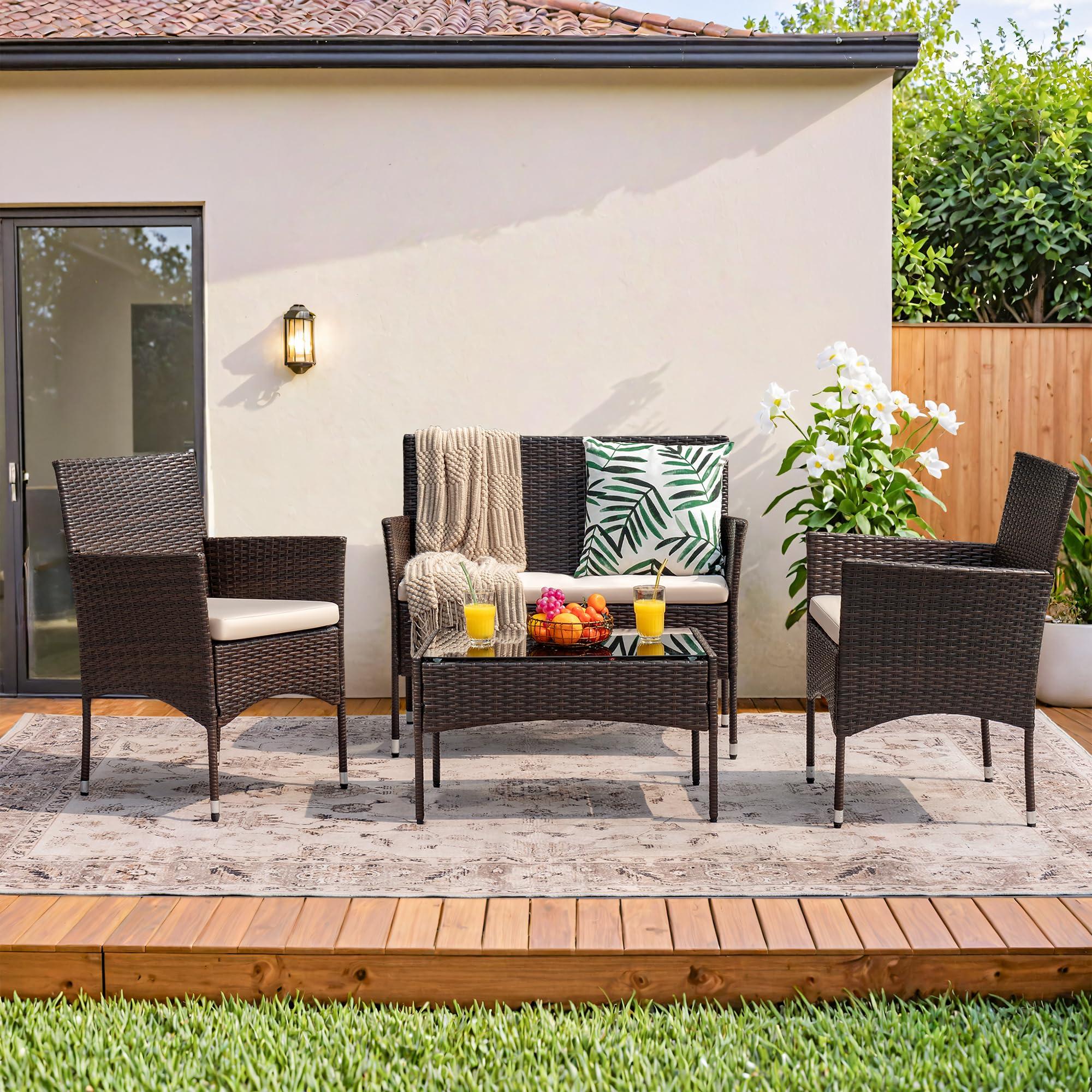 Homall 4 Pieces Outdoor Patio Furniture Sets Rattan Chair Wicker Set, Outdoor Indoor Use Backyard Porch Garden Poolside Balcony Furniture Sets Clearance (Brown and Beige) - Image 7