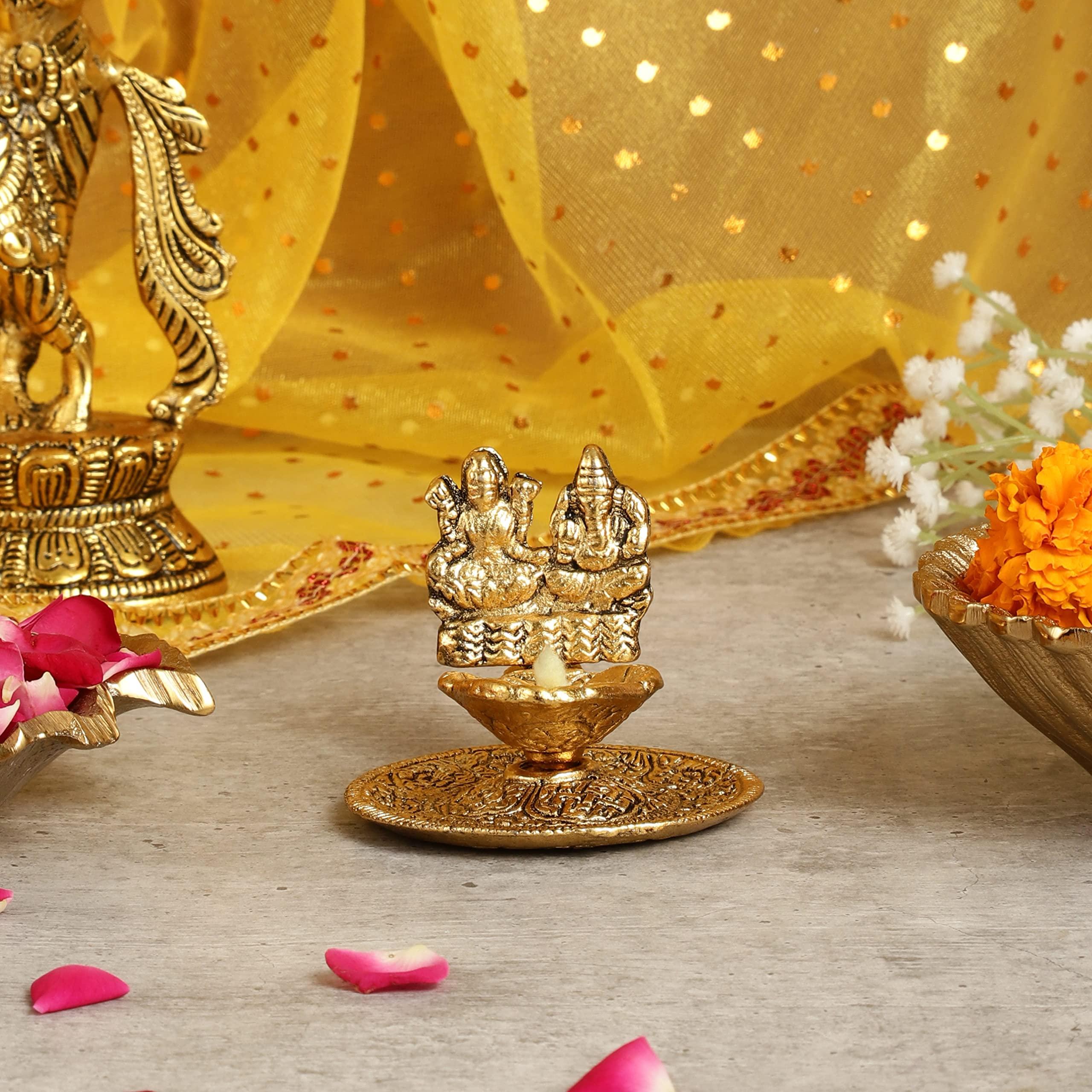 Purestory Goddess Laxmi Ganesh Diya,Laxmi Ganesh Figurine,Laxmi Ganesh Diya Idol Statue for Home Temple,Office,Gifts.Laxmi Ganesh Candle Holder for Home Decor - Gold - 3 Inches