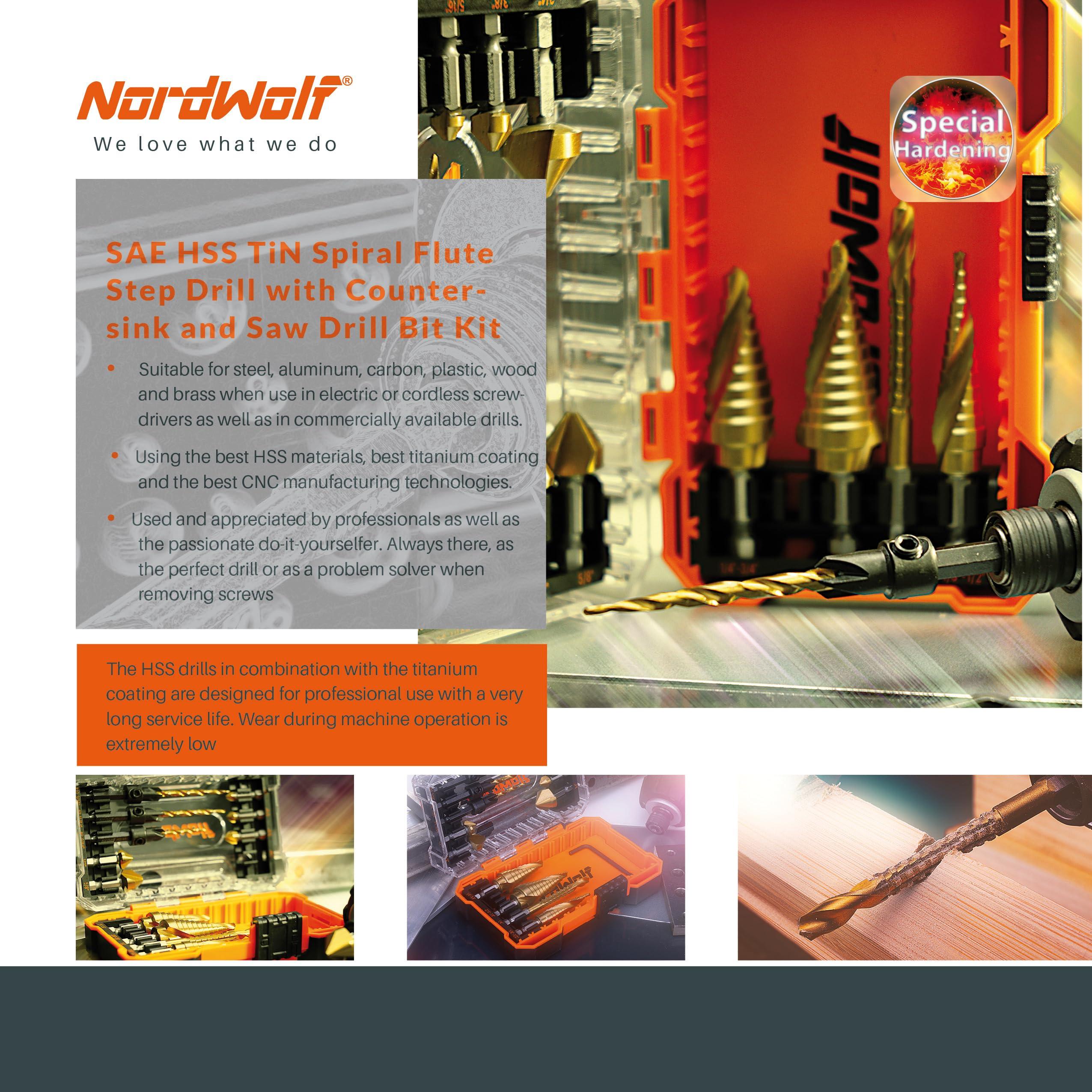 NordWolf 13-Piece HSS Titanium Spiral Flute Step Drill, 82-Degree 3 Flutes Countersink & Tapered Drill 4 Cutters Countersink and Saw Drill Bit Set with 1/4" Hex Shank in Storage Case - Image 5