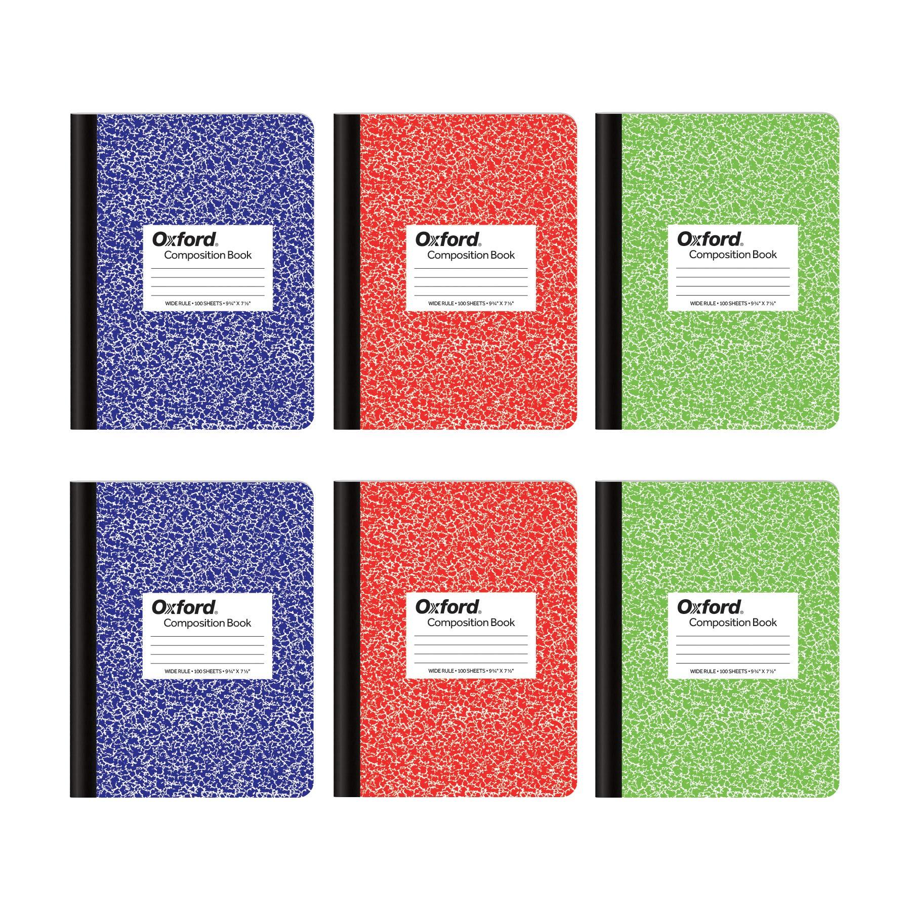 Oxford Composition Notebook 6 Pack, Wide Ruled Paper, 9-3/4 x 7-1/2 Inches, 100 Sheets, Assorted Marble Covers, 2 Each: Blue, Green, Red (63762)