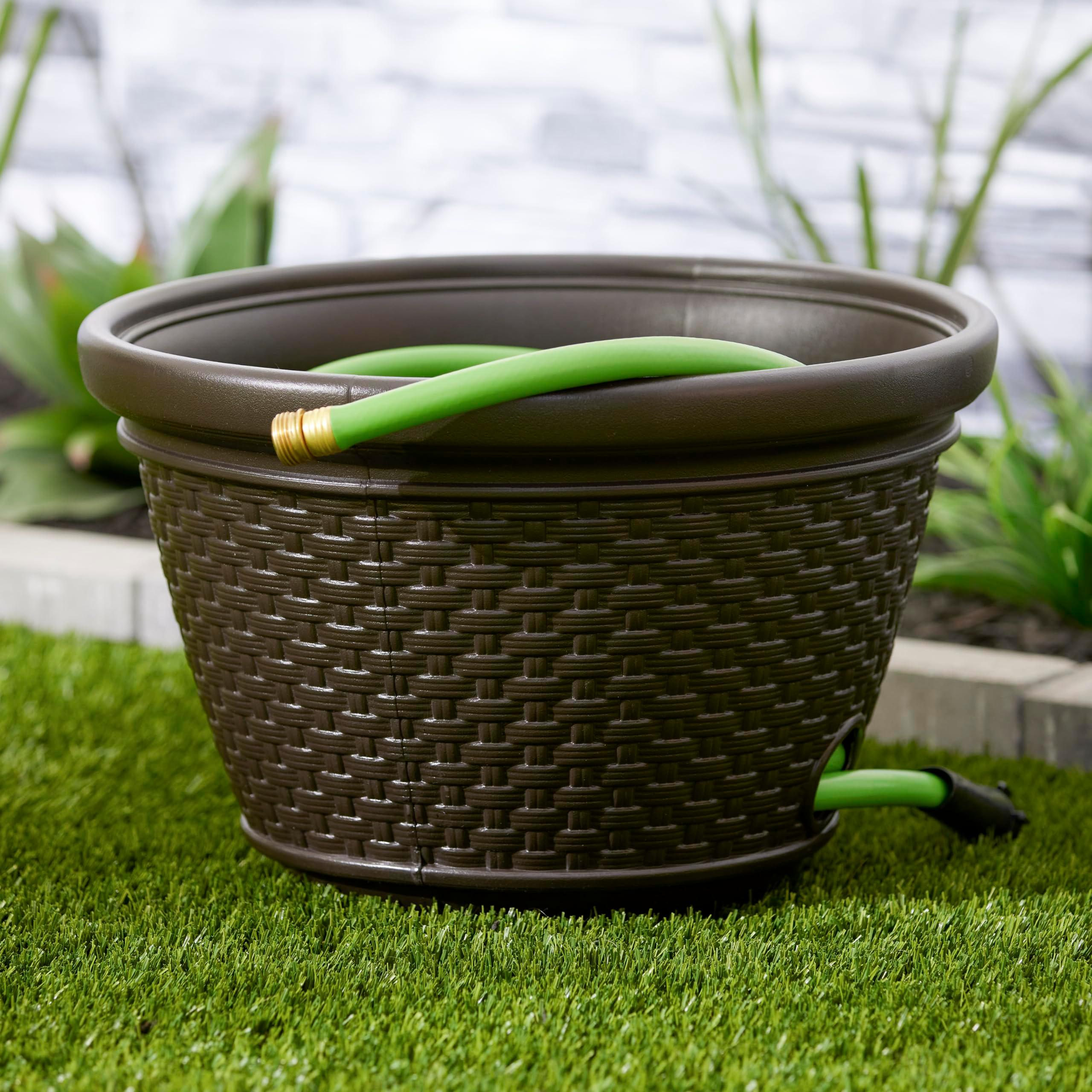 Suncast Decorative Wicker Garden Hose Holder Pot with 4 Drain Holes for 100 Foot Hoses, Java - Image 2