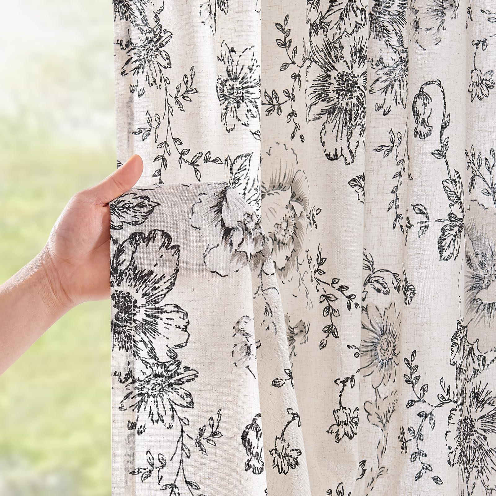 jinchan Linen Blend Curtain Floral Curtains for Living Room 84 Inch Length Black Printed Curtains Rod Pocket Back Tab Farmhouse Peony Flower Patterned Drapes Bedroom Window Curtain Set 2 Panels - Image 3