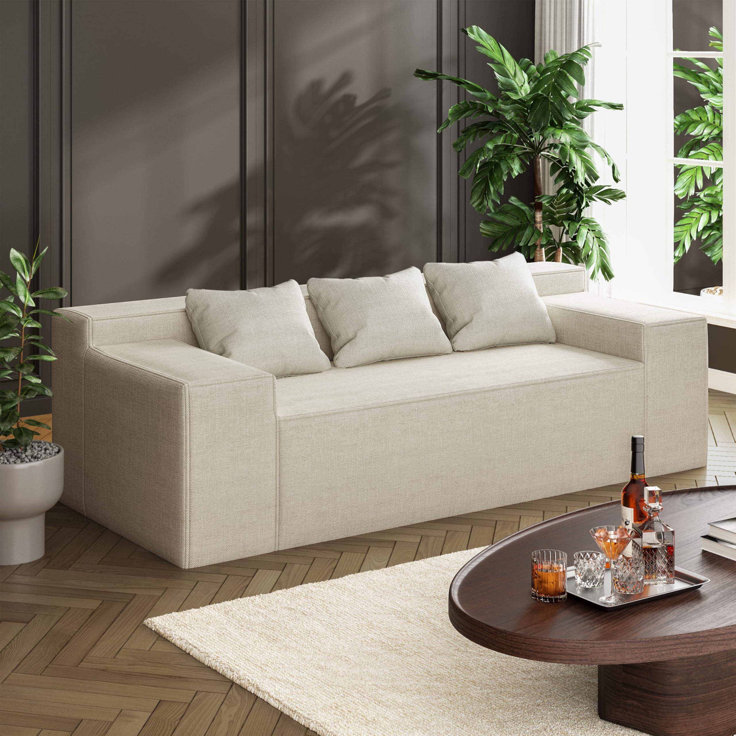 Modern 3-Seater Sofa, Hybrid Sofa in a Box, No Assembly Required, Comfy Sofa Couch with 3 Matching Pillows, Cat-Scratch Resistant Linen, Couch for Living Room or Bedroom, Beige - Image 8